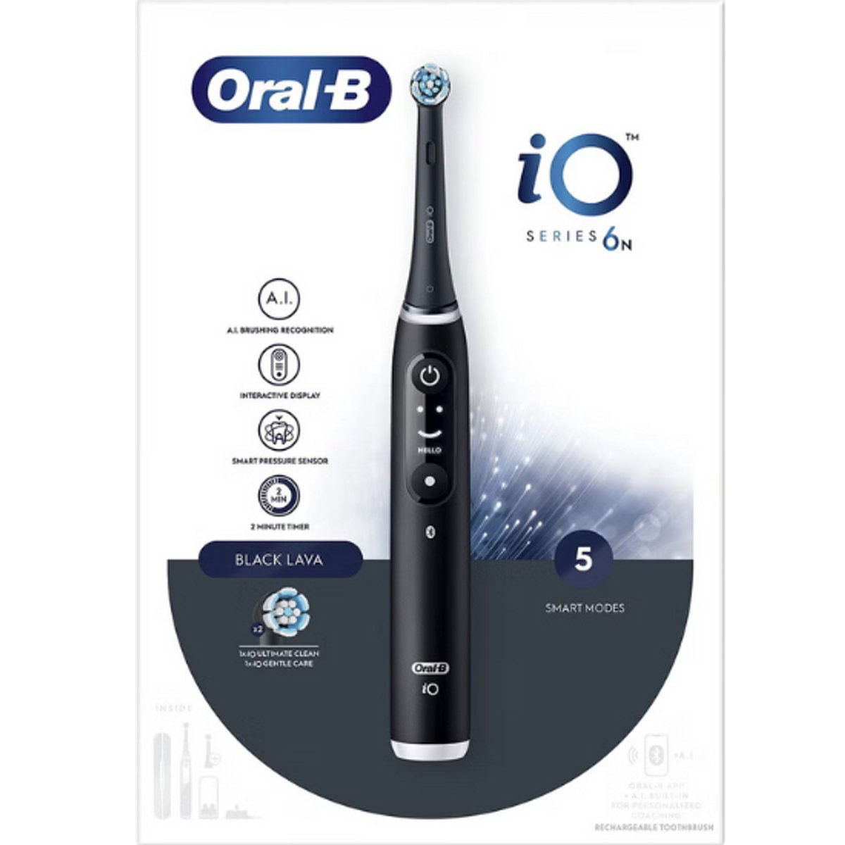 Black Oral-B iO Series 6N electric toothbrush. Features include AI brushing recognition, interactive display, and smart pressure sensor.