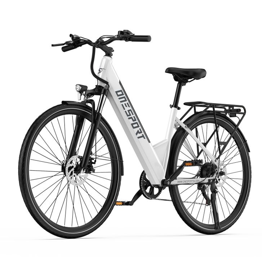 Bicicleta eléctrica blanca. Llantas, neumáticos y manillar negros. Tiene un portaequipajes sobre la rueda trasera. La marca es ONESPORT.