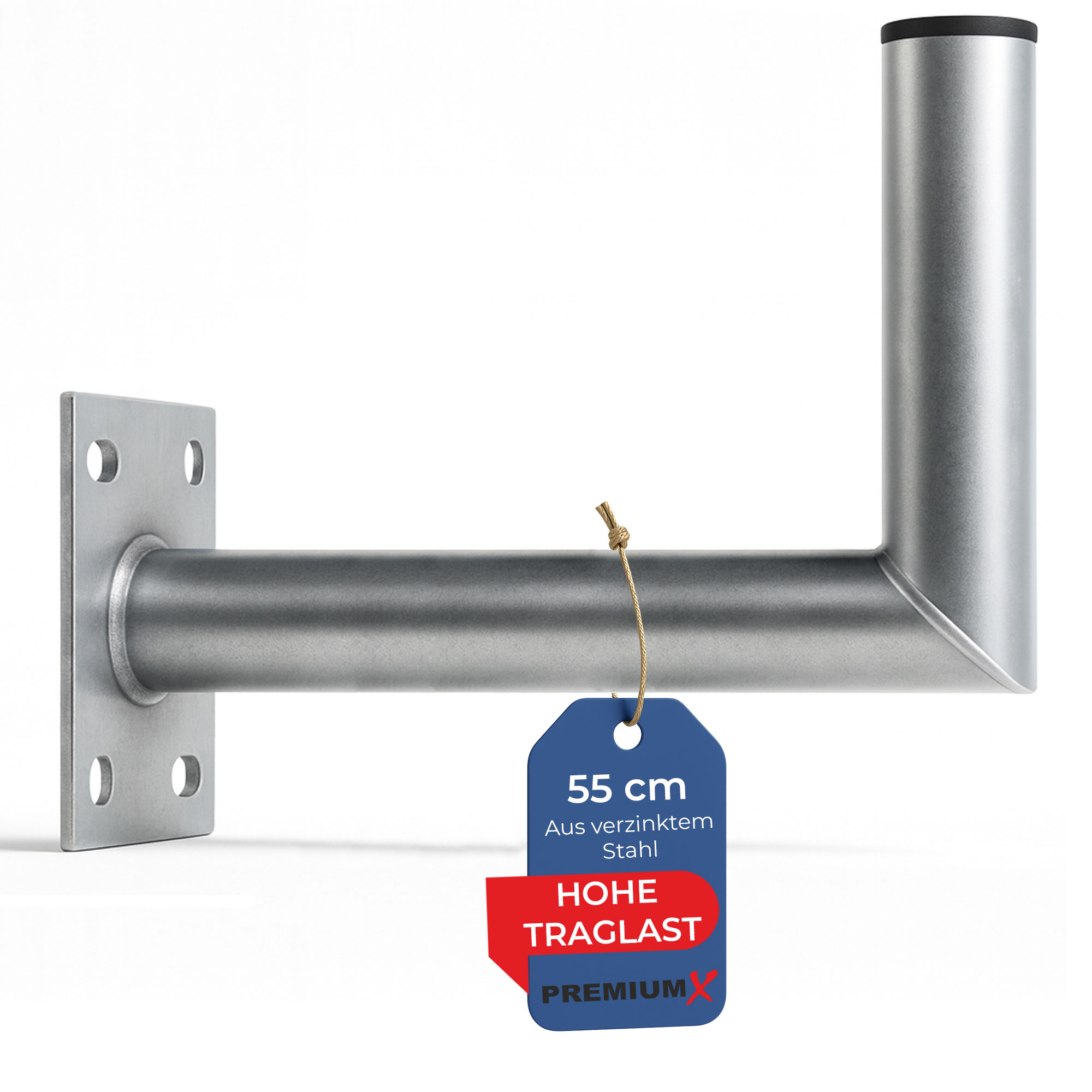 Eine Metallhalterung mit Etikett. Es hat einen vertikalen und horizontalen Teil. Das Etikett sagt 55 cm, verzinkter Stahl, hohe Belastung.