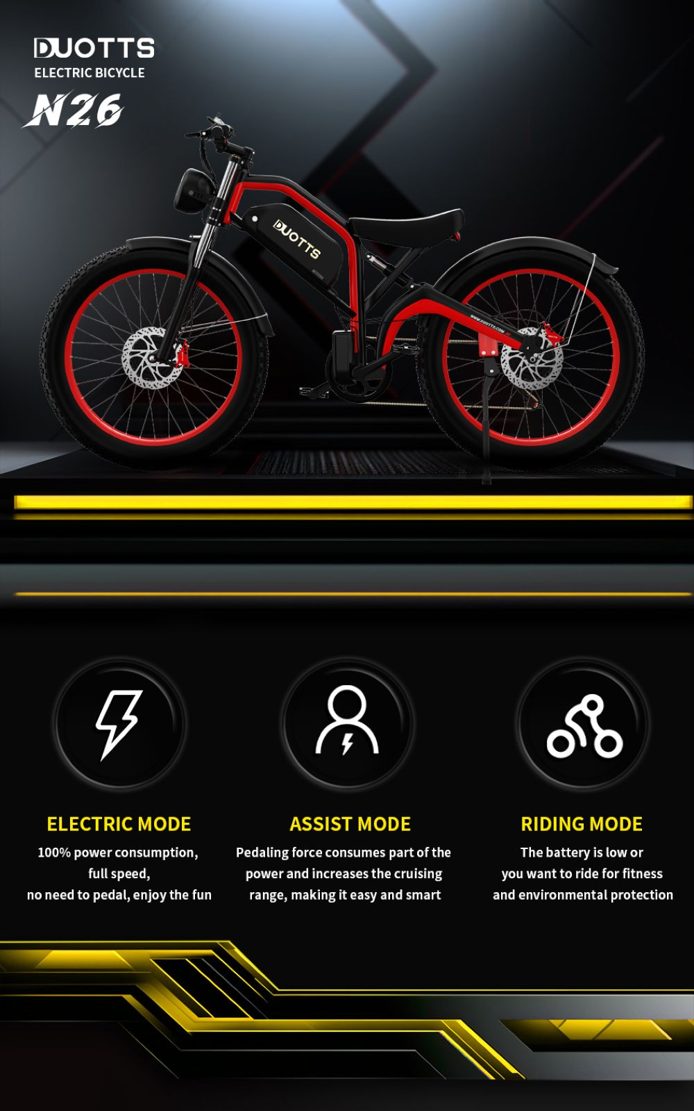 Bicicleta eléctrica negra y roja con neumáticos grandes. El texto resalta los modos eléctrico, asistencia y conducción.