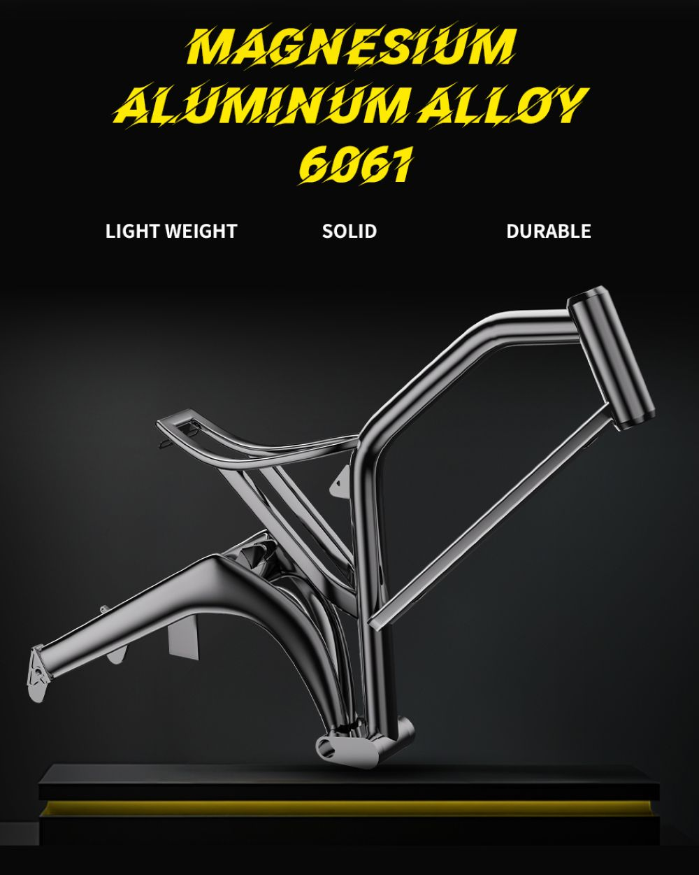 Un marco metálico brillante, probablemente para una bicicleta o similar. El texto dice 'Magnesium Aluminum Alloy 6061'. El fondo es oscuro.