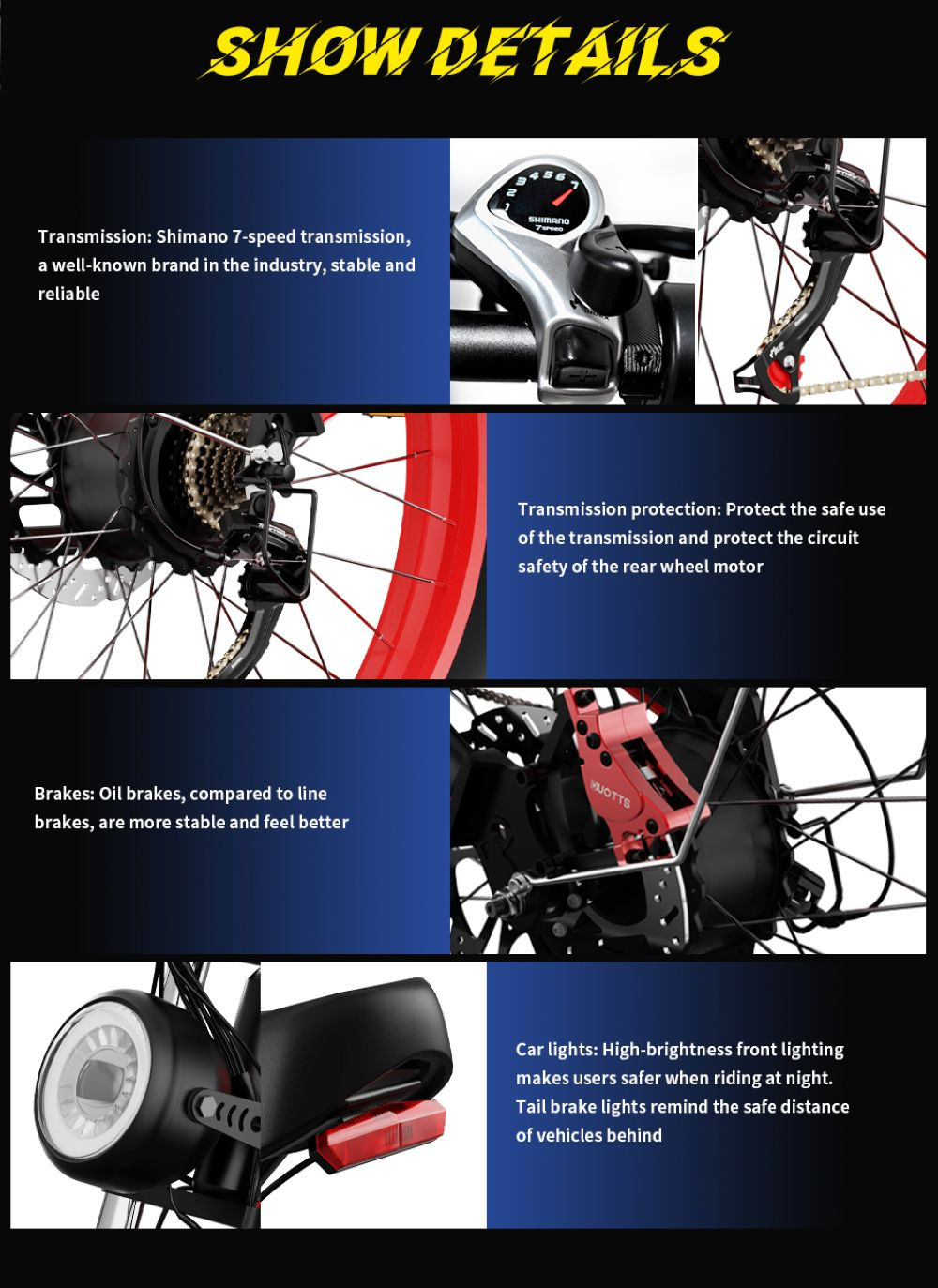 Detalles de la bicicleta: se muestran la transmisión Shimano, los frenos de aceite y las luces. Se destacan los componentes de las características de la bicicleta.