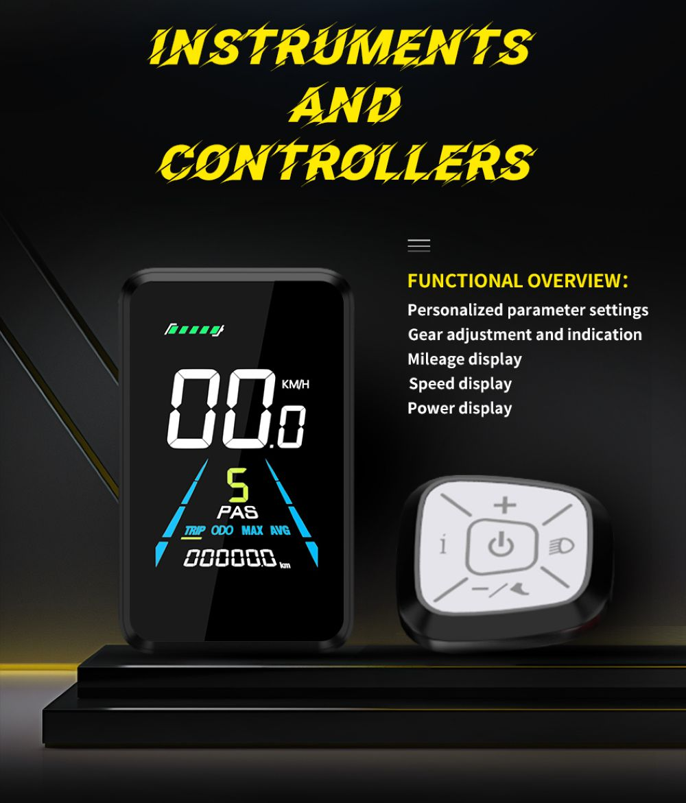 La imagen muestra una pantalla de bicicleta eléctrica con velocidad y otros datos. También hay un controlador con botones.