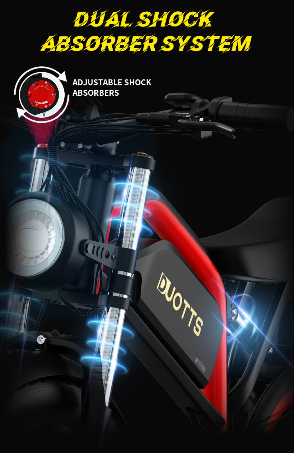 La imagen muestra un scooter eléctrico rojo y negro. Destaca el sistema de doble amortiguador con amortiguadores ajustables.
