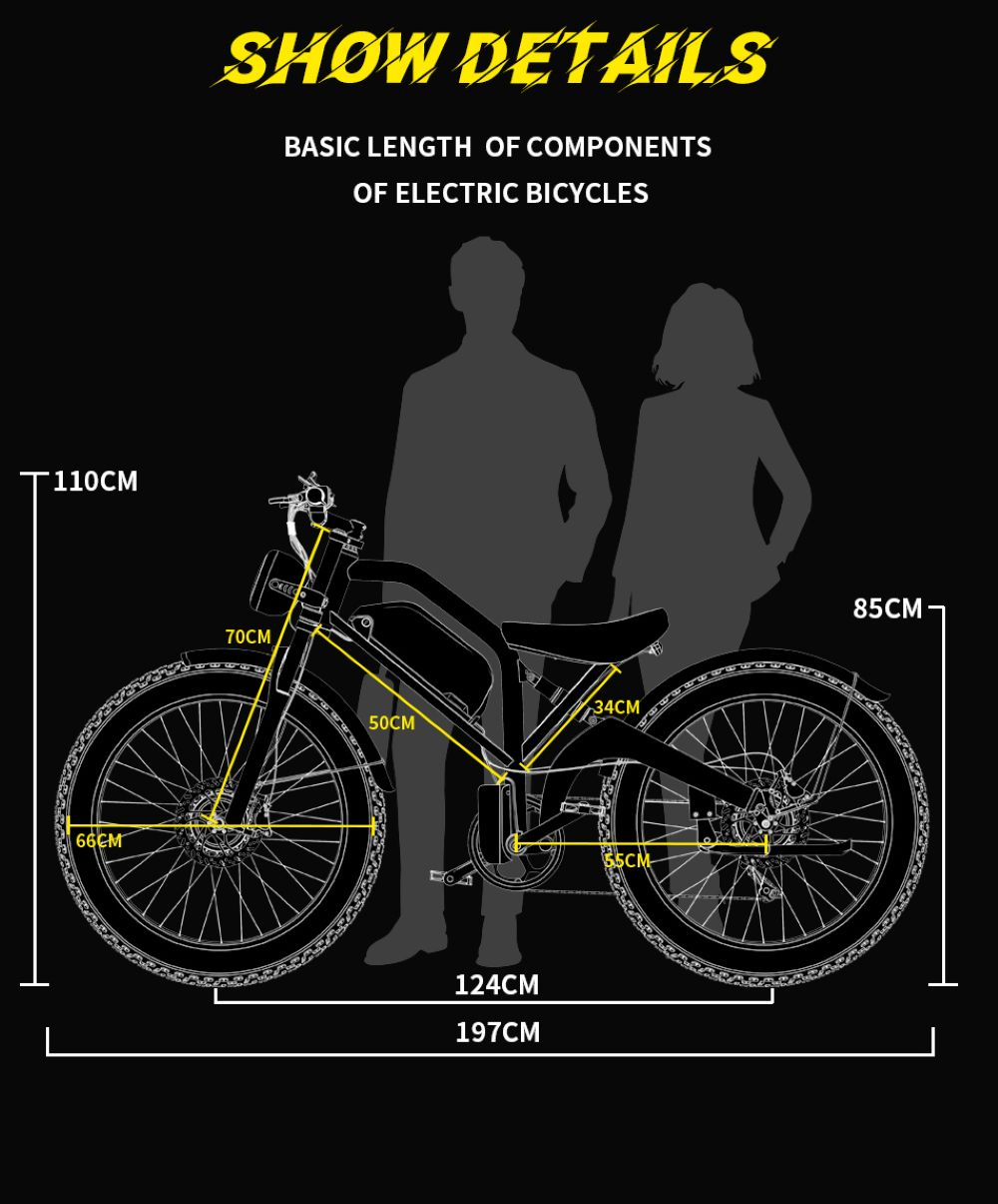 Diagramma che mostra la lunghezza base dei componenti di una bicicletta elettrica. Le misure sono fornite per varie parti e dimensioni generali.