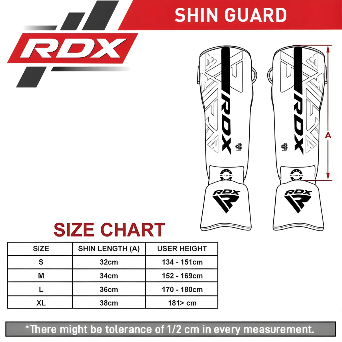 Produktbild von RDX-Schienbeinschonern, Größentabelle und RDX-Logo sind sichtbar.