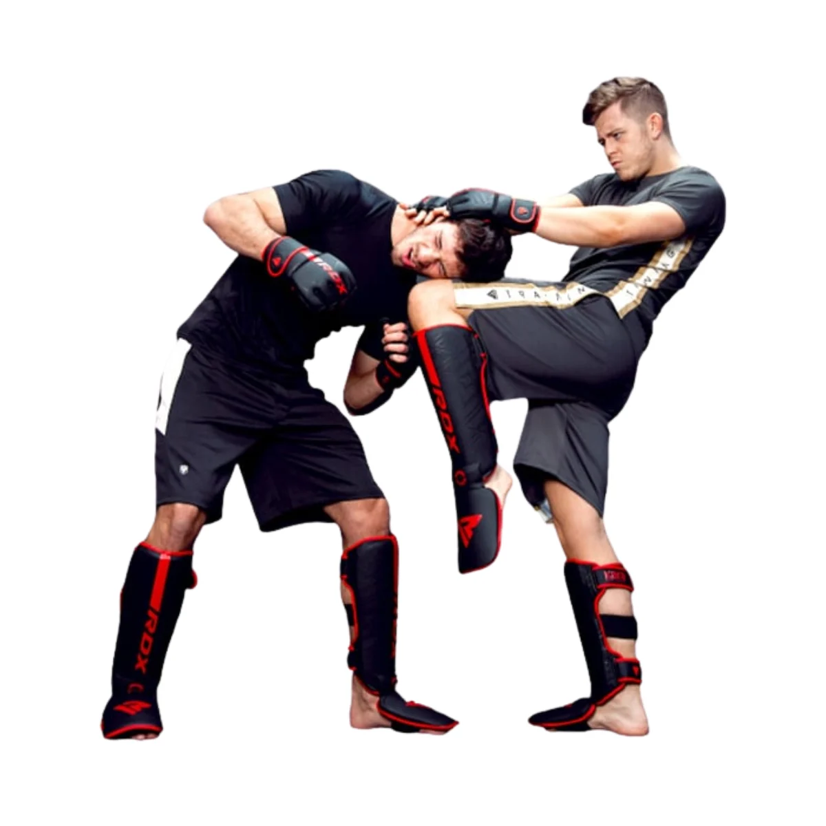 Zwei Männer in schwarzer Kampfausrüstung sind in einen Kickboxkampf verwickelt. Einer tritt den anderen, während der andere einen Kopfgriff versucht.