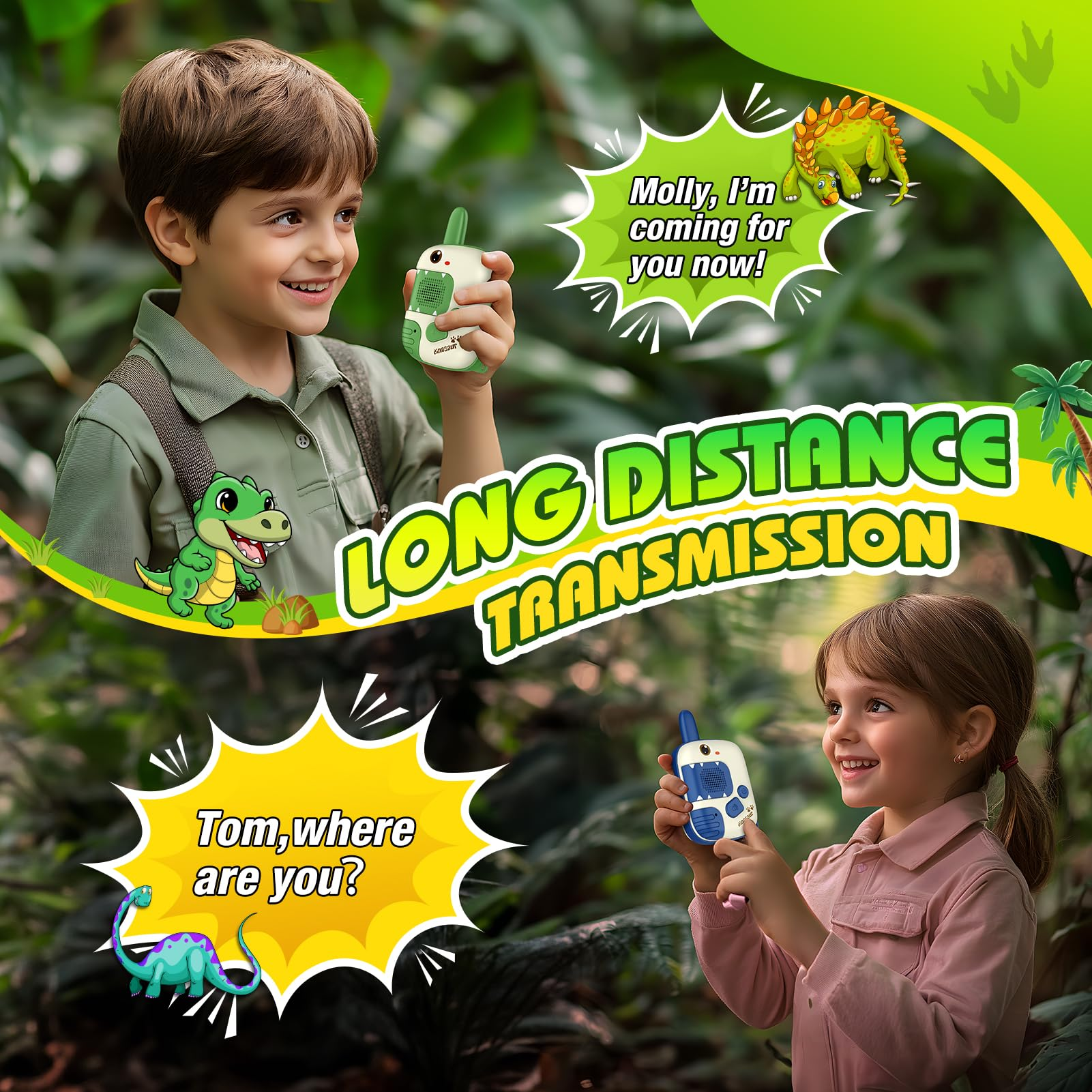 Zwei lächelnde Kinder, die Walkie-Talkies halten. Zeichentrick-Dinosaurier und Sprechblasen mit 'Molly' und 'Tom'.