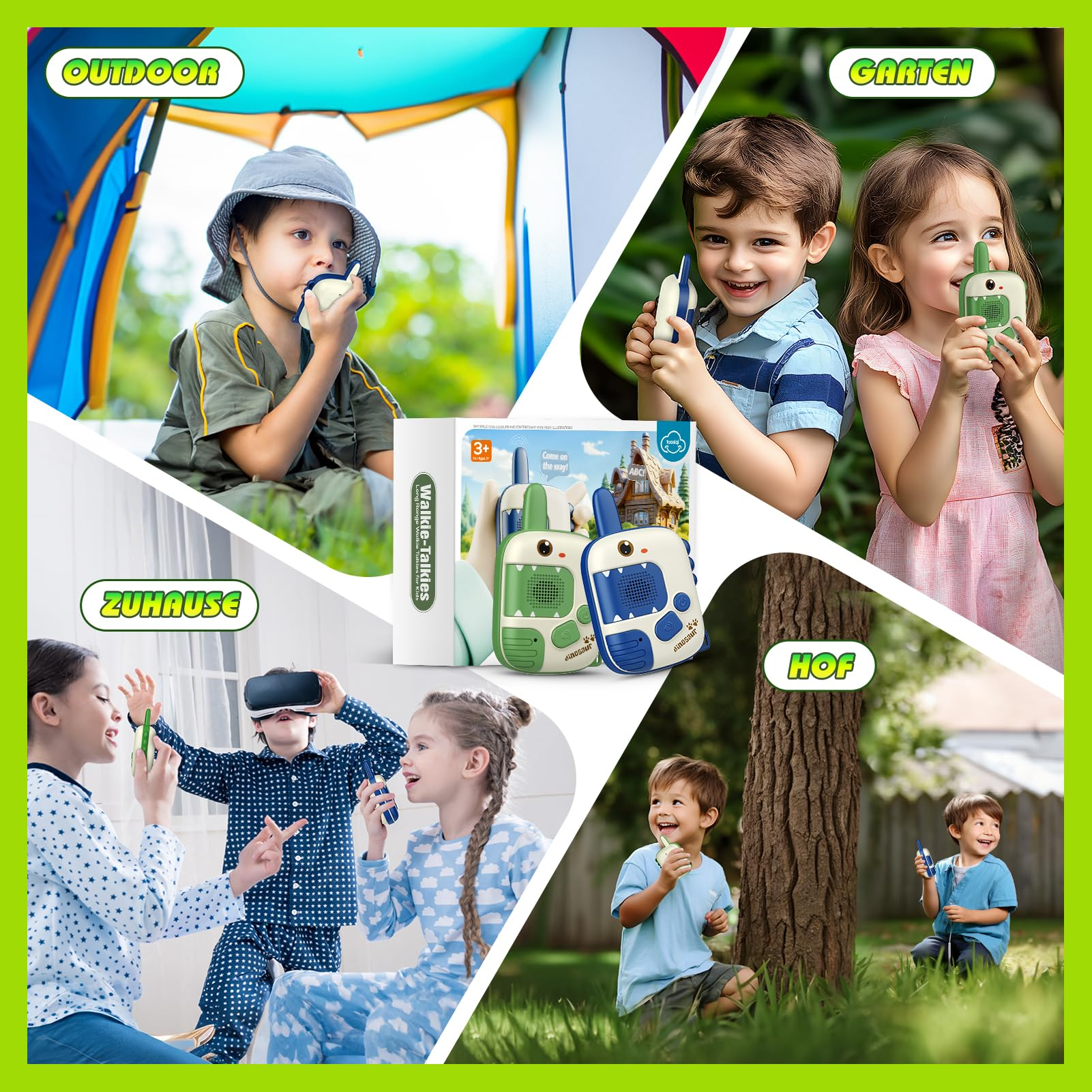 Kinder spielen drinnen und draußen mit Walkie-Talkies. Eine Schachtel mit Walkie-Talkies befindet sich in der Mitte des Bildes.