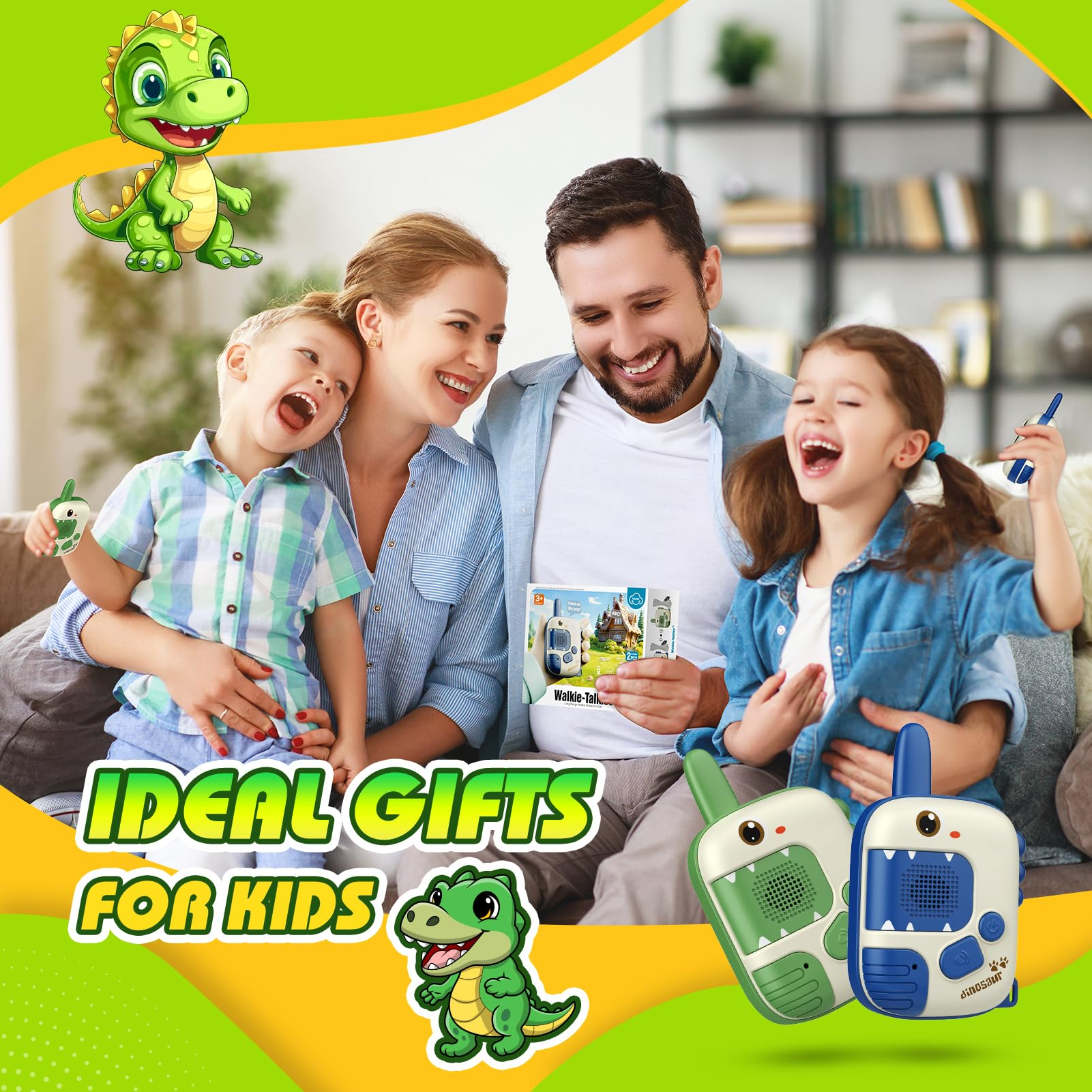 Familie mit Kindern, die Walkie-Talkies halten. Text: 'Ideale Geschenke für Kinder'. Grüne und blaue Dinosaurier-Spielzeuge.