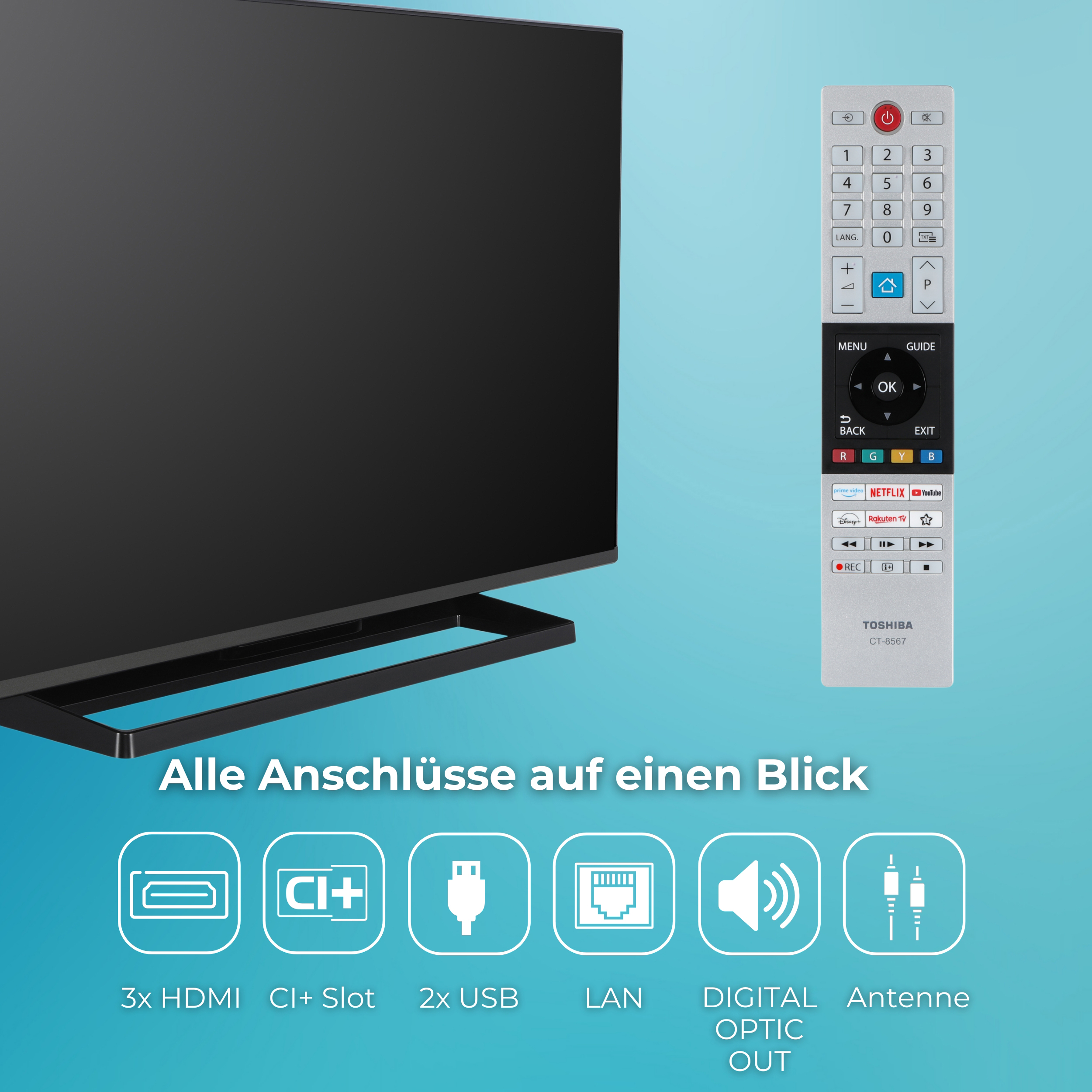Gezeigt werden ein Fernseher und eine Fernbedienung. Die Fernbedienung hat Zahlen und Tasten. Darunter sind Anschluss-Symbole.