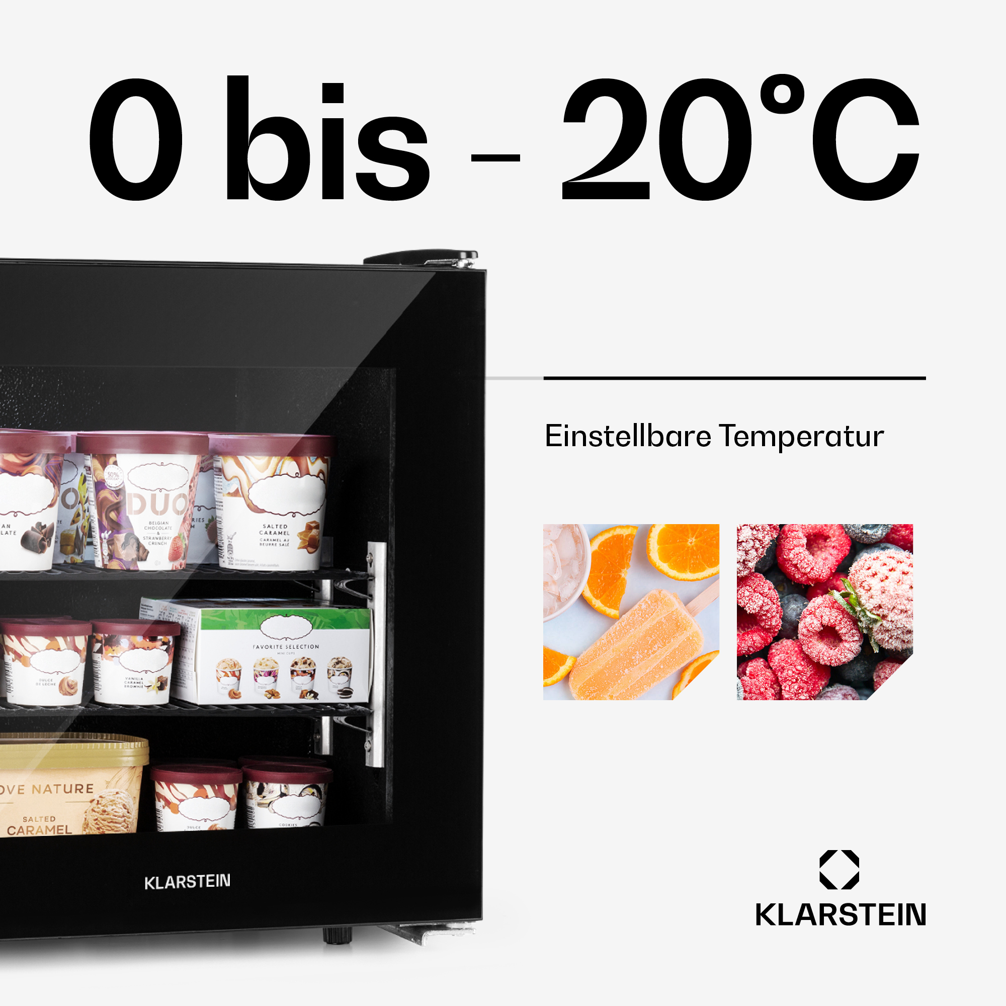 Un mini frigo nero Klarstein con gelato all'interno, l'intervallo di temperatura è da 0 a -20 gradi Celsius.