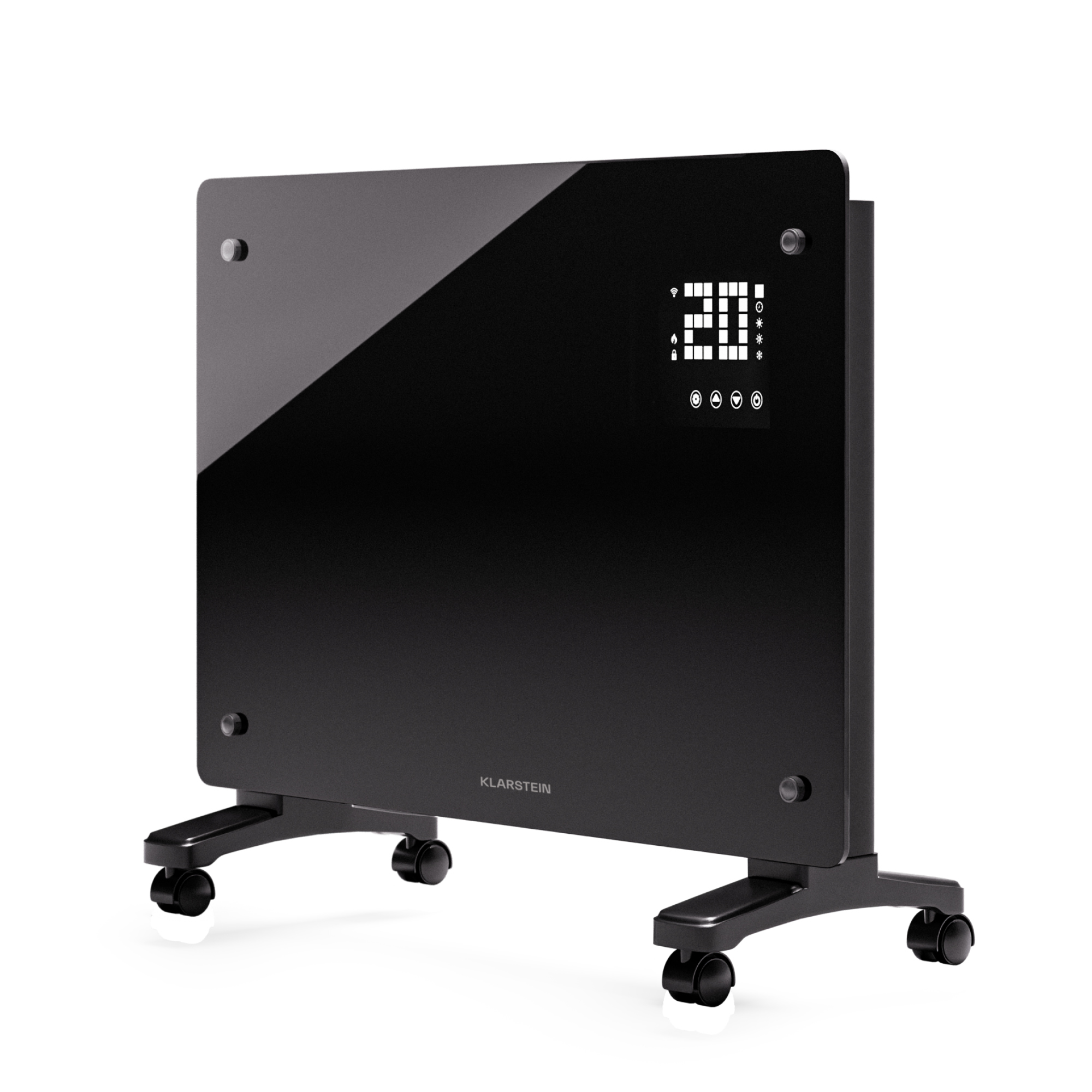 Termoventilatore a pannello nero con display digitale che mostra 20 gradi. Ha ruote e il marchio Klarstein.