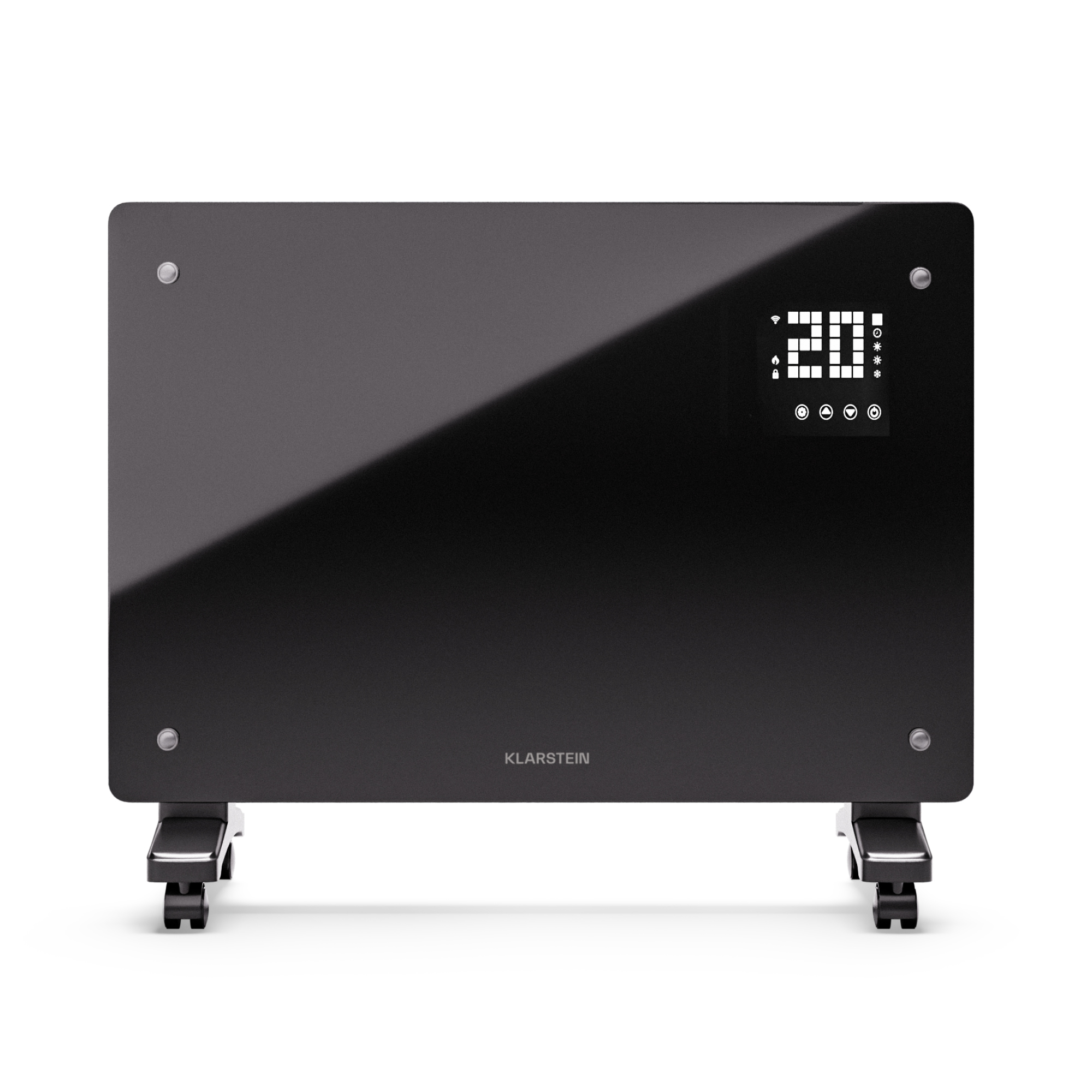 Termoventilatore a pannello nero con display digitale che mostra 20 gradi. Ha ruote ed è su sfondo bianco. Il logo Klarstein è visibile.