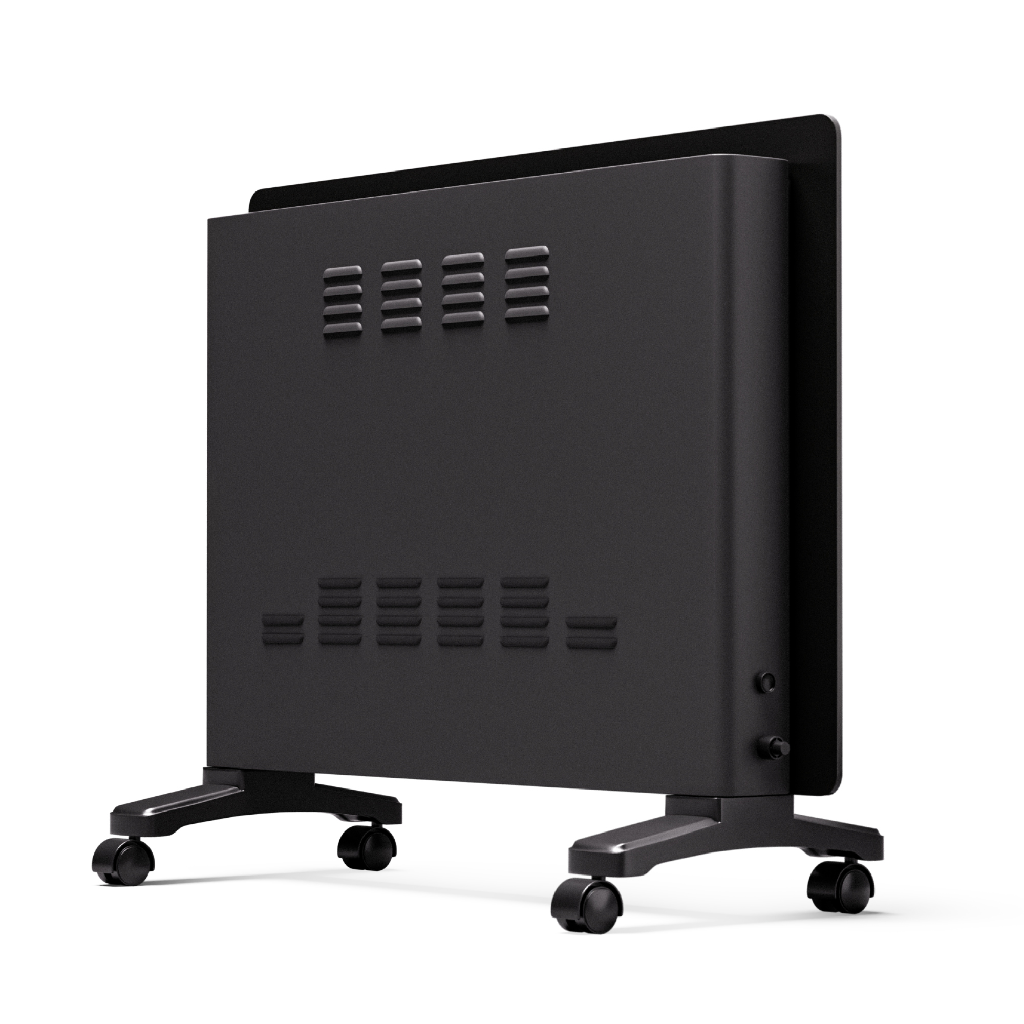 Un termoventilatore elettrico nero su ruote. Ha prese d'aria e forma rettangolare. Lo sfondo è bianco.