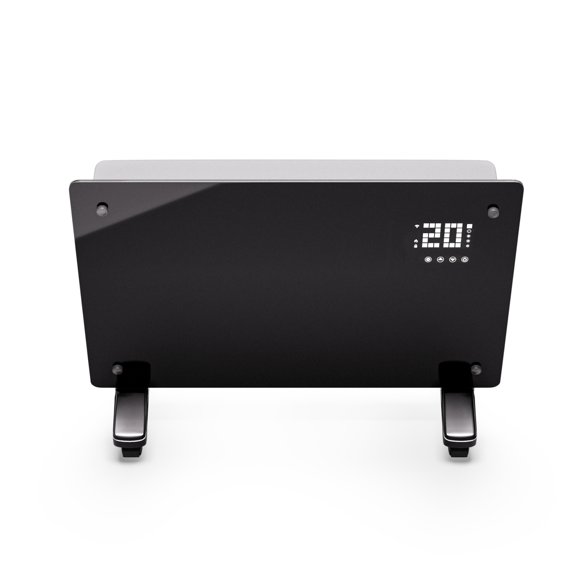 Un termoventilatore elettrico nero con display digitale che mostra 20 gradi. Ha gambe e una parte superiore argentata.