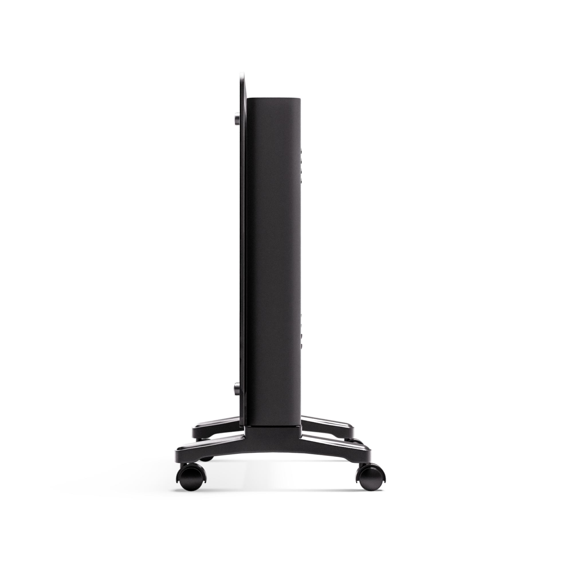 Un termosifone nero su ruote, vista laterale. Il termosifone è verticale, con un corpo rettangolare e una base piccola con ruote.