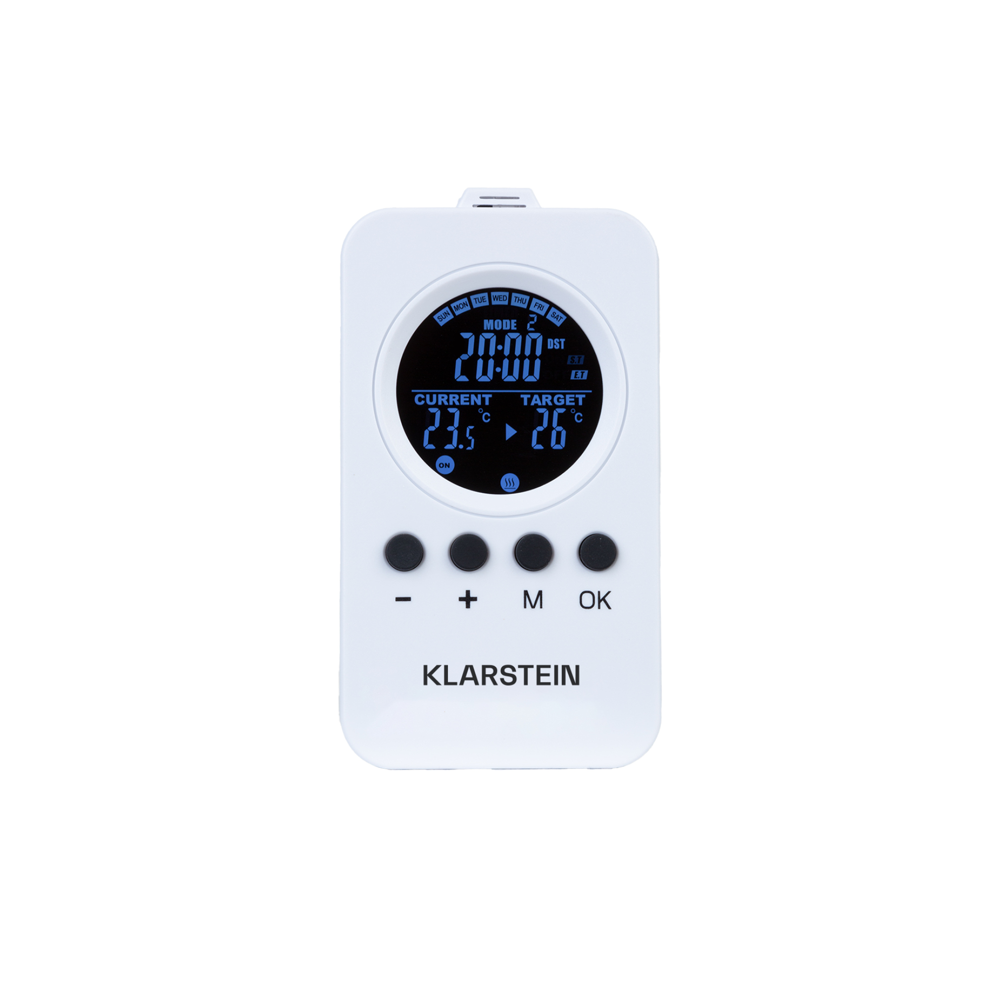 Un termostato blanco con pantalla azul que muestra hora, temperatura y botones de control. Se ve la marca 'KLARSTEIN'.