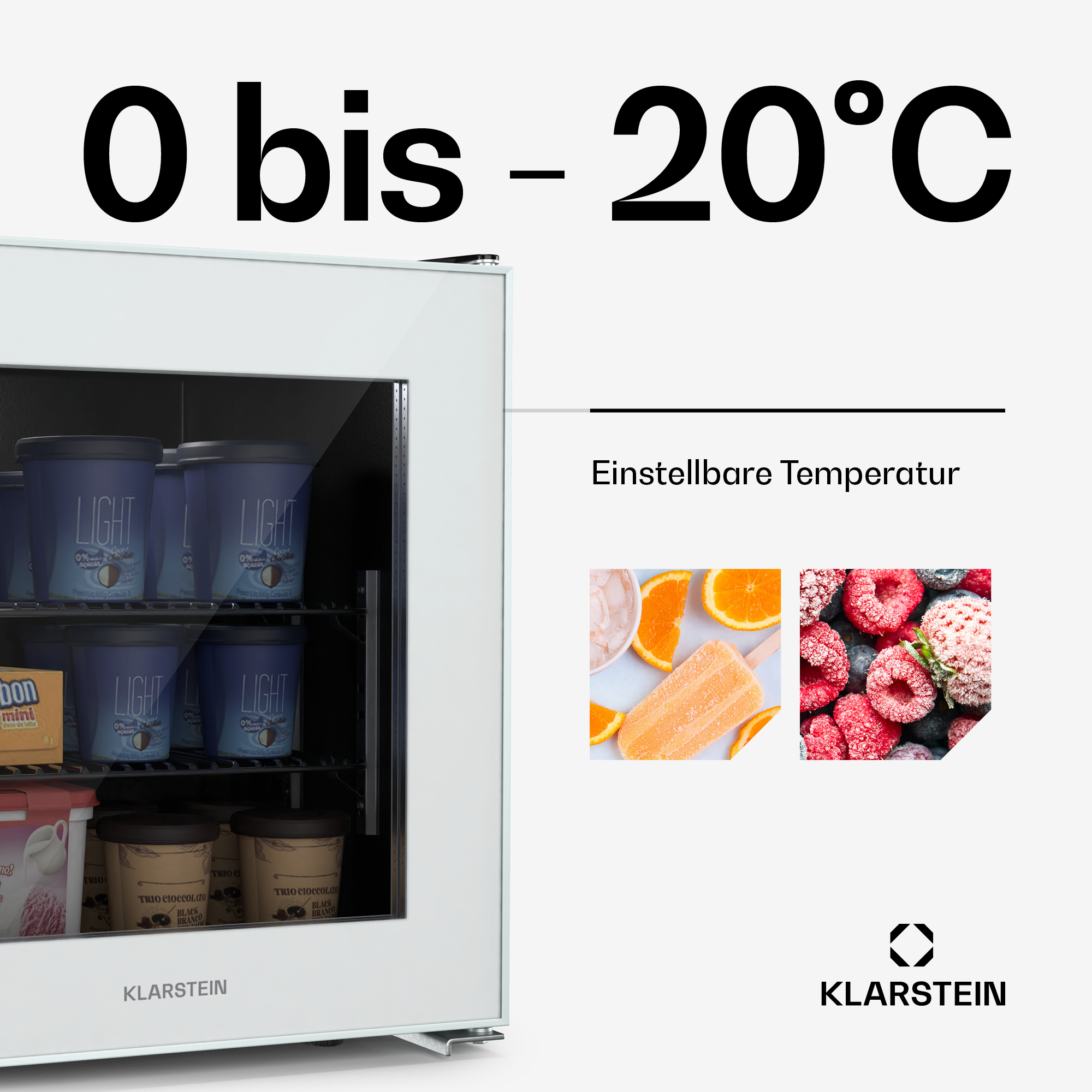 Un frigorifero bianco con gelato all'interno, da 0 a -20 gradi, e immagini di frutta. Il logo Klarstein è in basso.