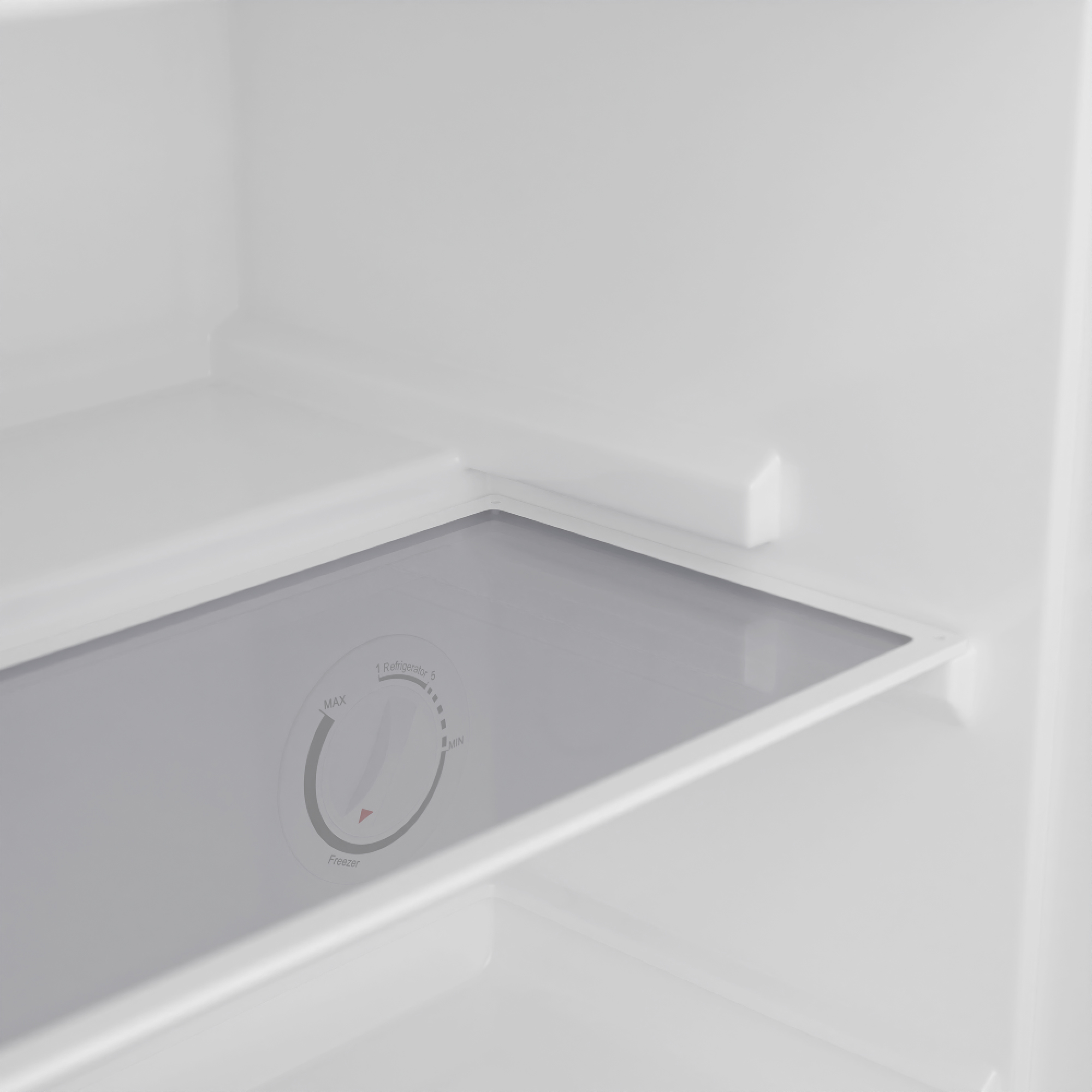 Dentro de un refrigerador blanco. Se ve una balda y un dial de control de temperatura. El dial indica MAX y MIN.