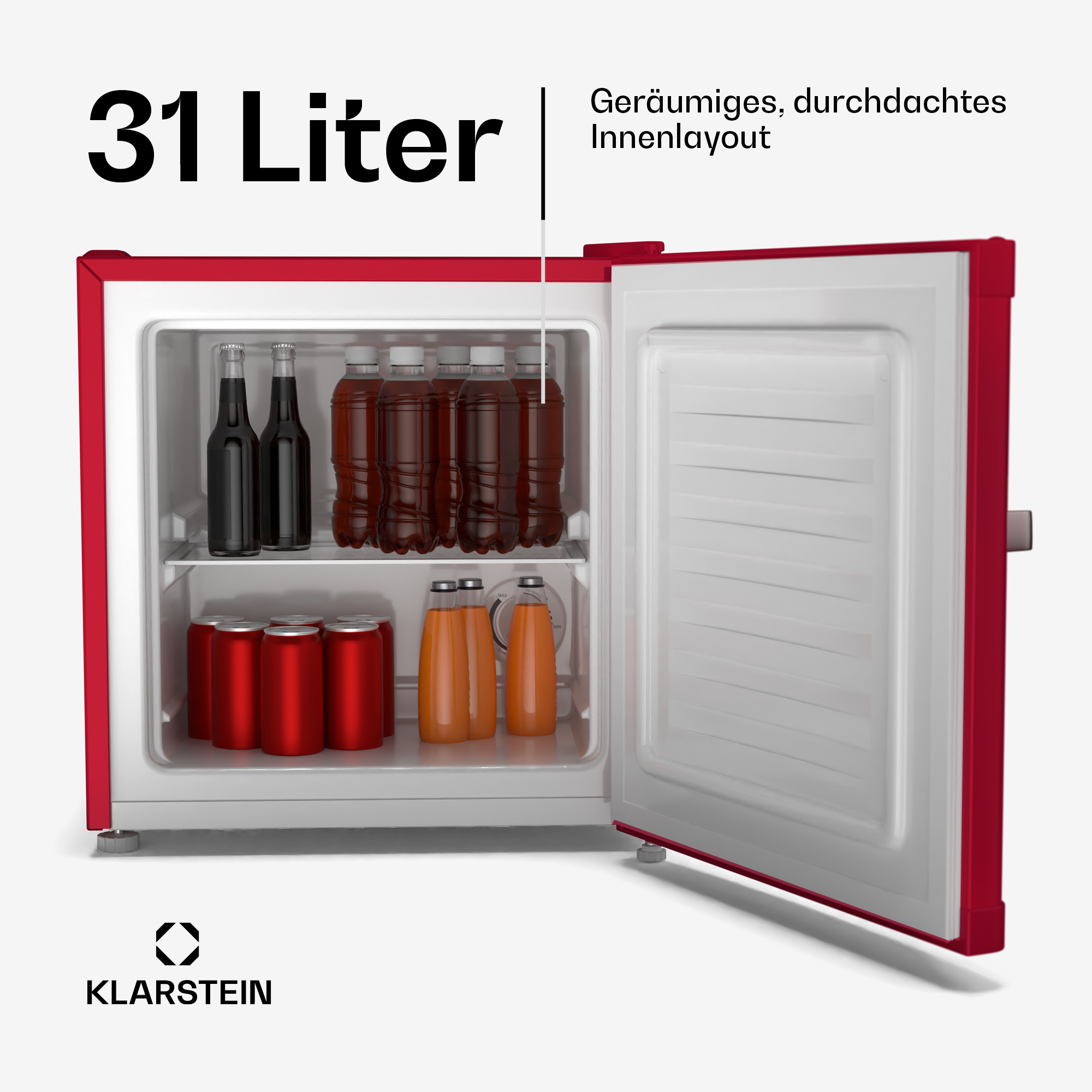 Un mini-refrigerador rojo abierto, mostrando bebidas. El refrigerador tiene 31 litros de capacidad. Contiene botellas, latas y jugo.
