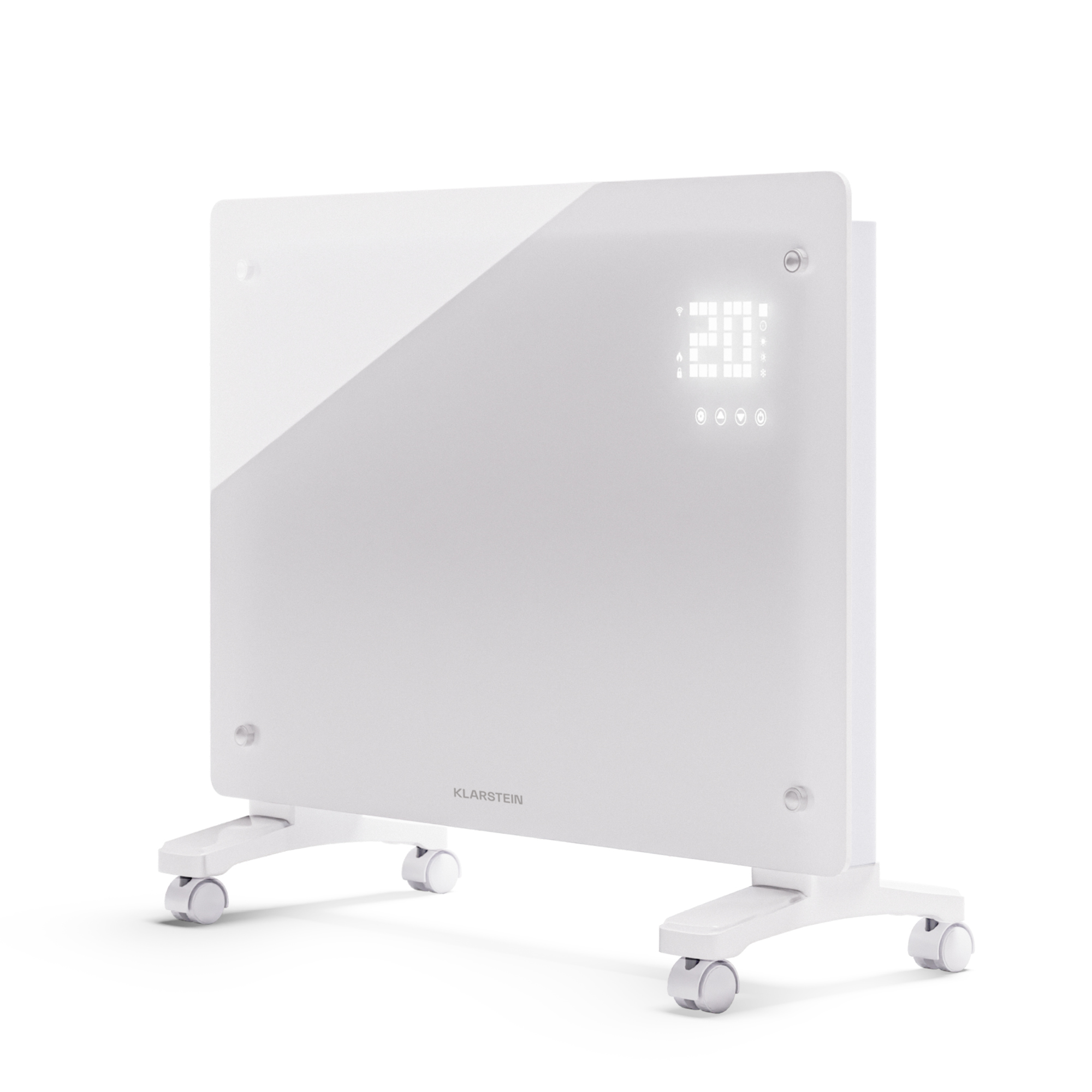 Un calentador eléctrico Klarstein blanco sobre ruedas. Tiene una pantalla digital y está sobre un fondo blanco.