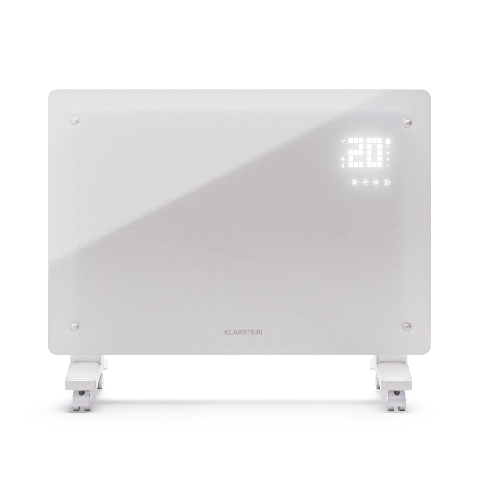 Calentador eléctrico blanco con pantalla digital '20'. Tiene ruedas y la marca 'Klarstein'.