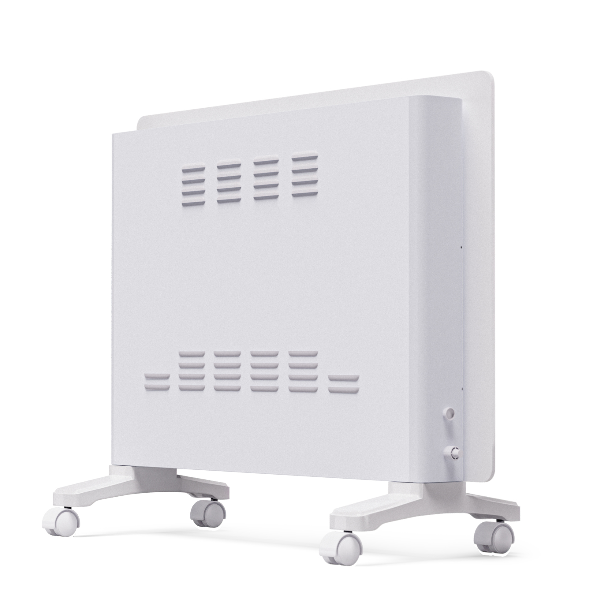 Un calentador eléctrico blanco y rectangular sobre ruedas. Tiene ranuras de ventilación horizontales y fondo blanco.