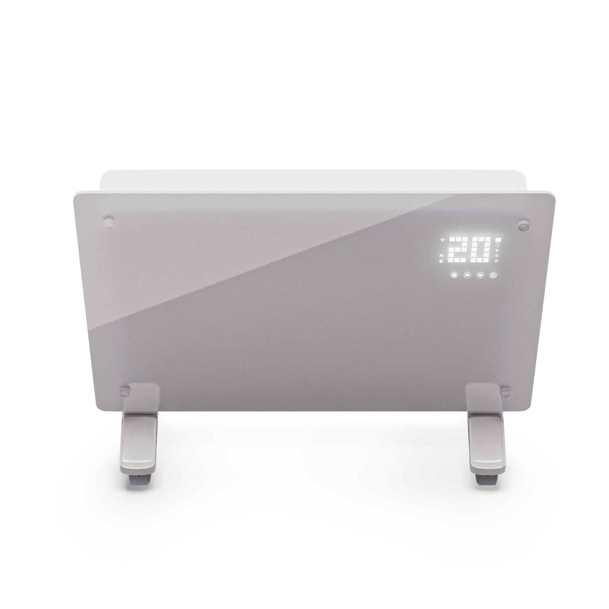 Un calefactor eléctrico gris con pantalla digital que muestra '20'. Tiene patas y una parte superior blanca.