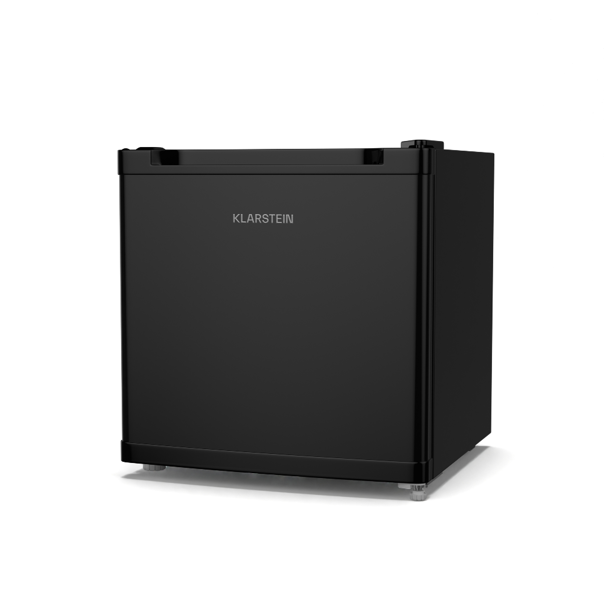Un mini-frigorifero nero con la scritta 'Klarstein' sulla porta, su sfondo bianco.
