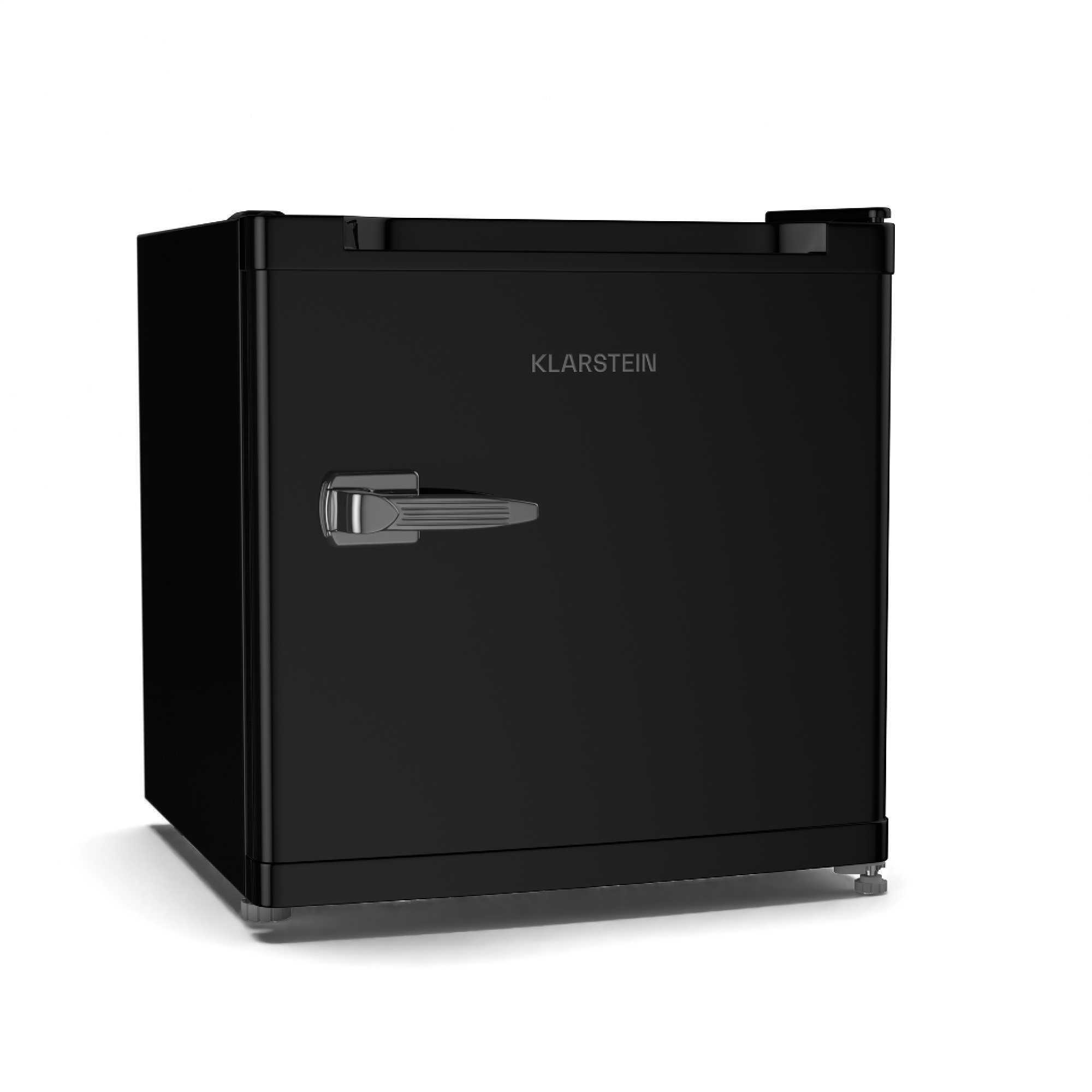 Un mini-frigorífico negro con asa y la marca 'Klarstein'. Está sobre una superficie blanca.