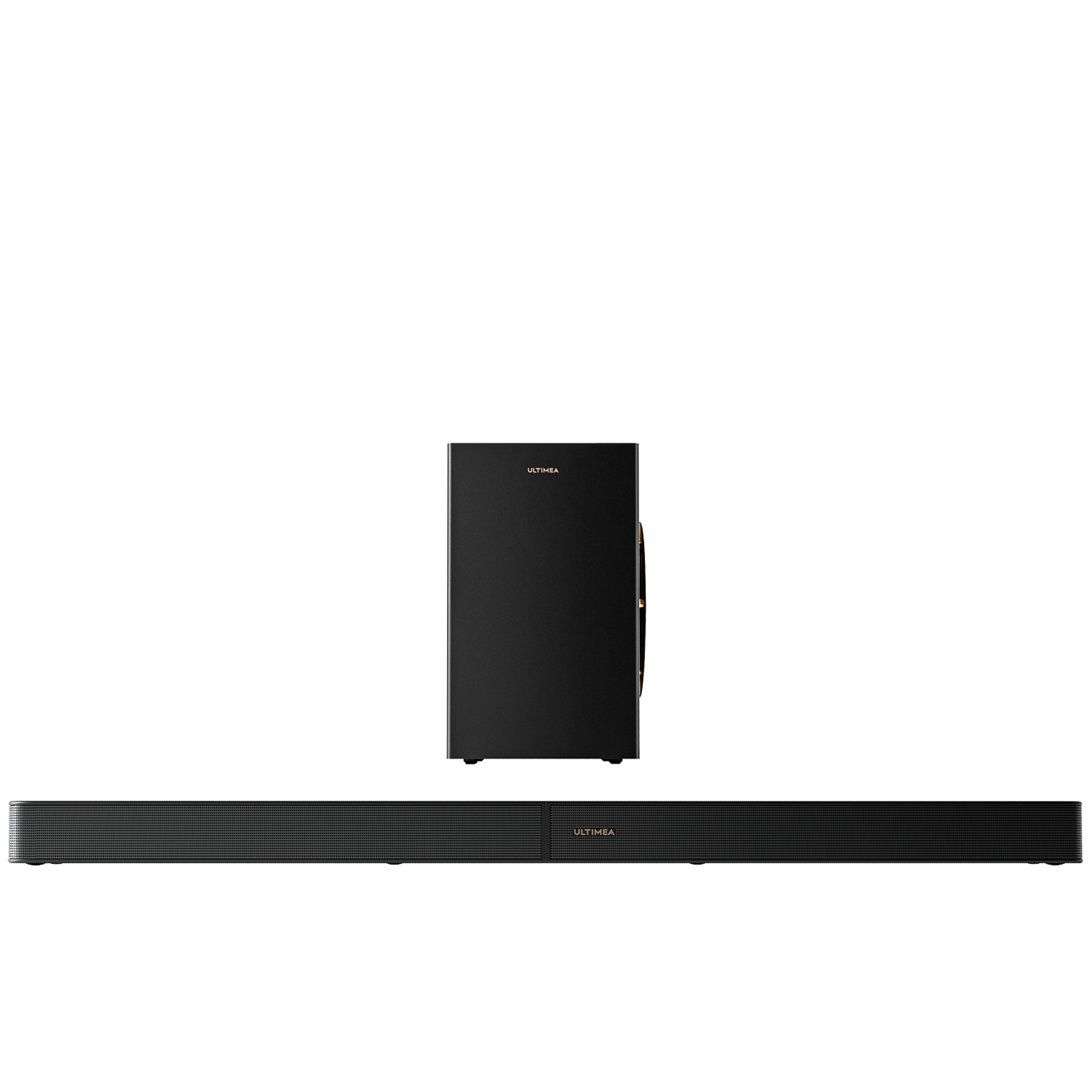 Czarny zestaw soundbaru i subwoofera. Soundbar jest długi i prostokątny. Subwoofer to wysoka, prostokątna skrzynka.