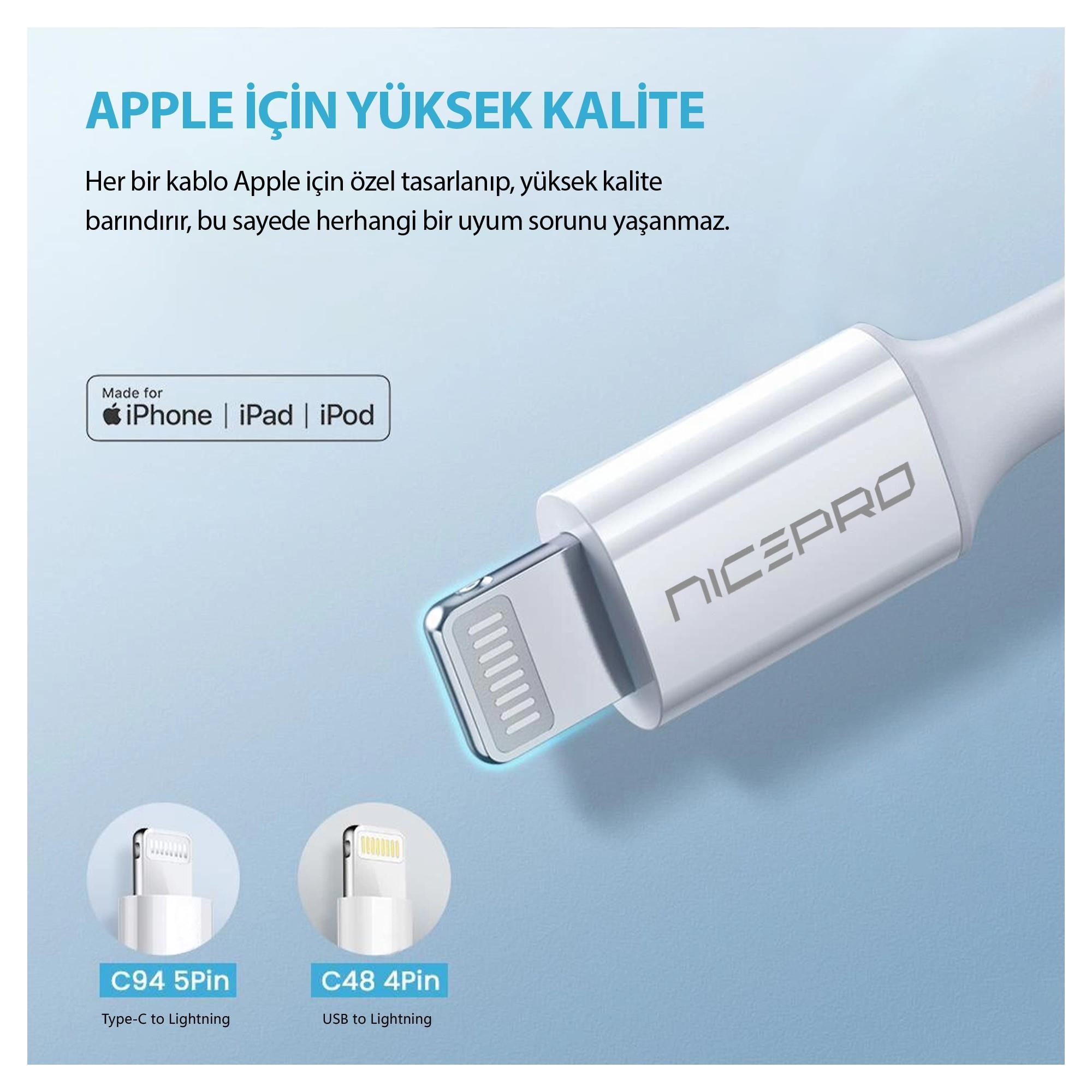 Görsel, Apple ürünleri için beyaz bir şarj kablosunu, Türkçe metinle gösteriyor. Kablo NICEPRO olarak etiketlenmiş.