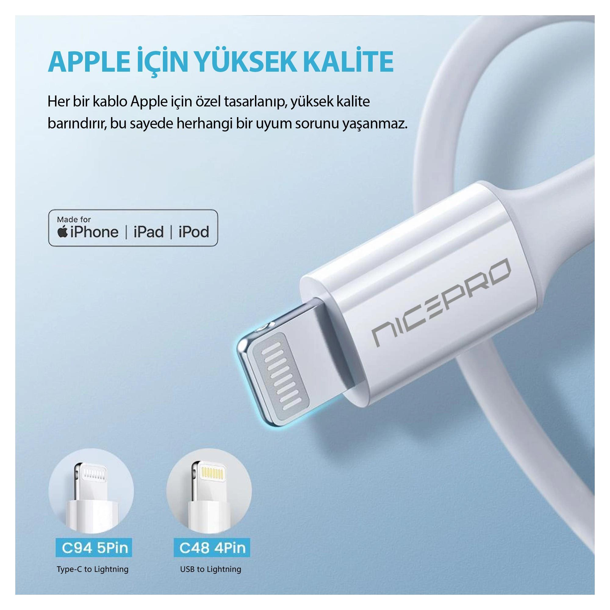NICEPRO markası, iPhone, iPad ve iPod'lar için uygun beyaz bir Lightning kablosu ve iki kablo illüstrasyonu.