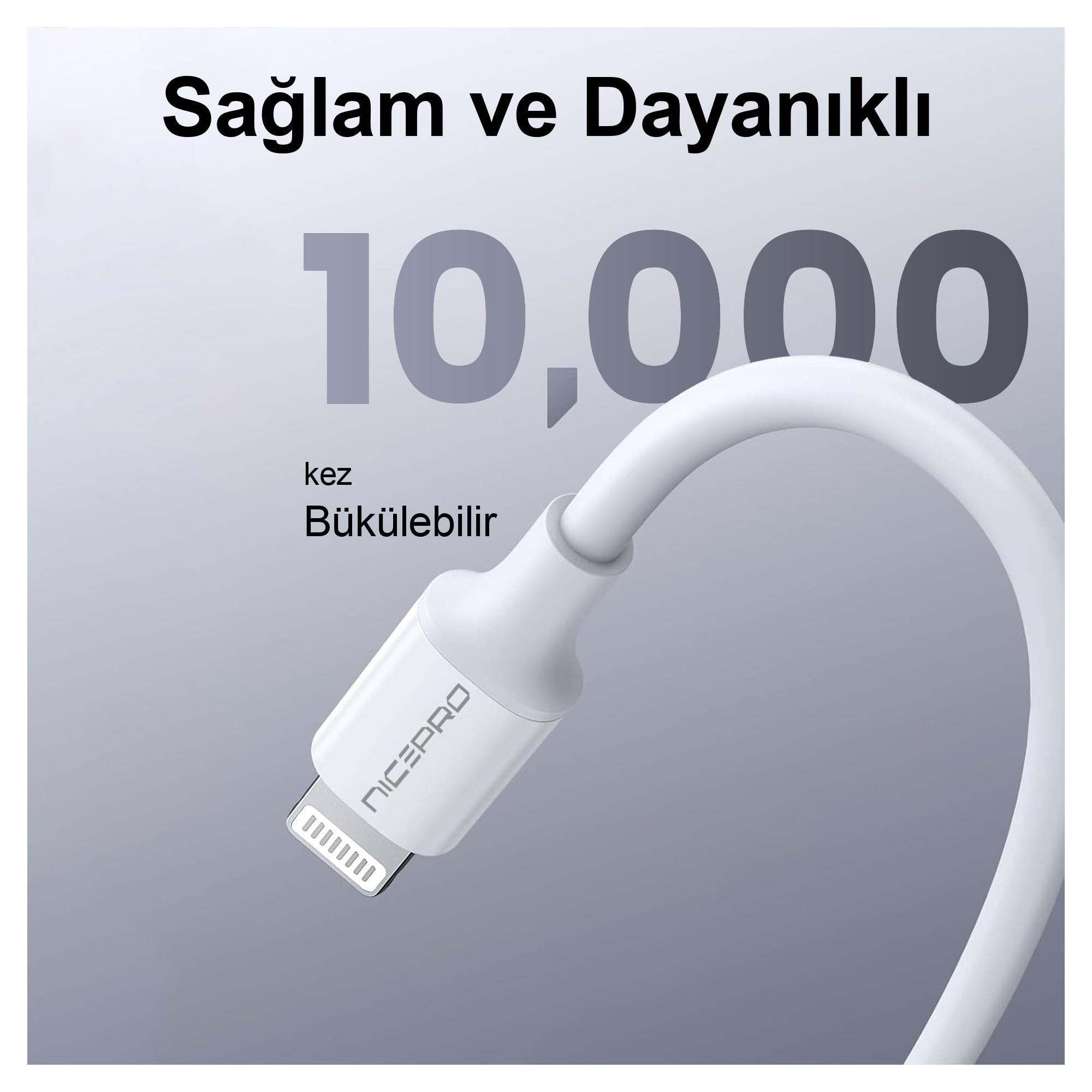Lightning konektörlü beyaz kablo, metin 10.000 kez bükülebilir diyor.