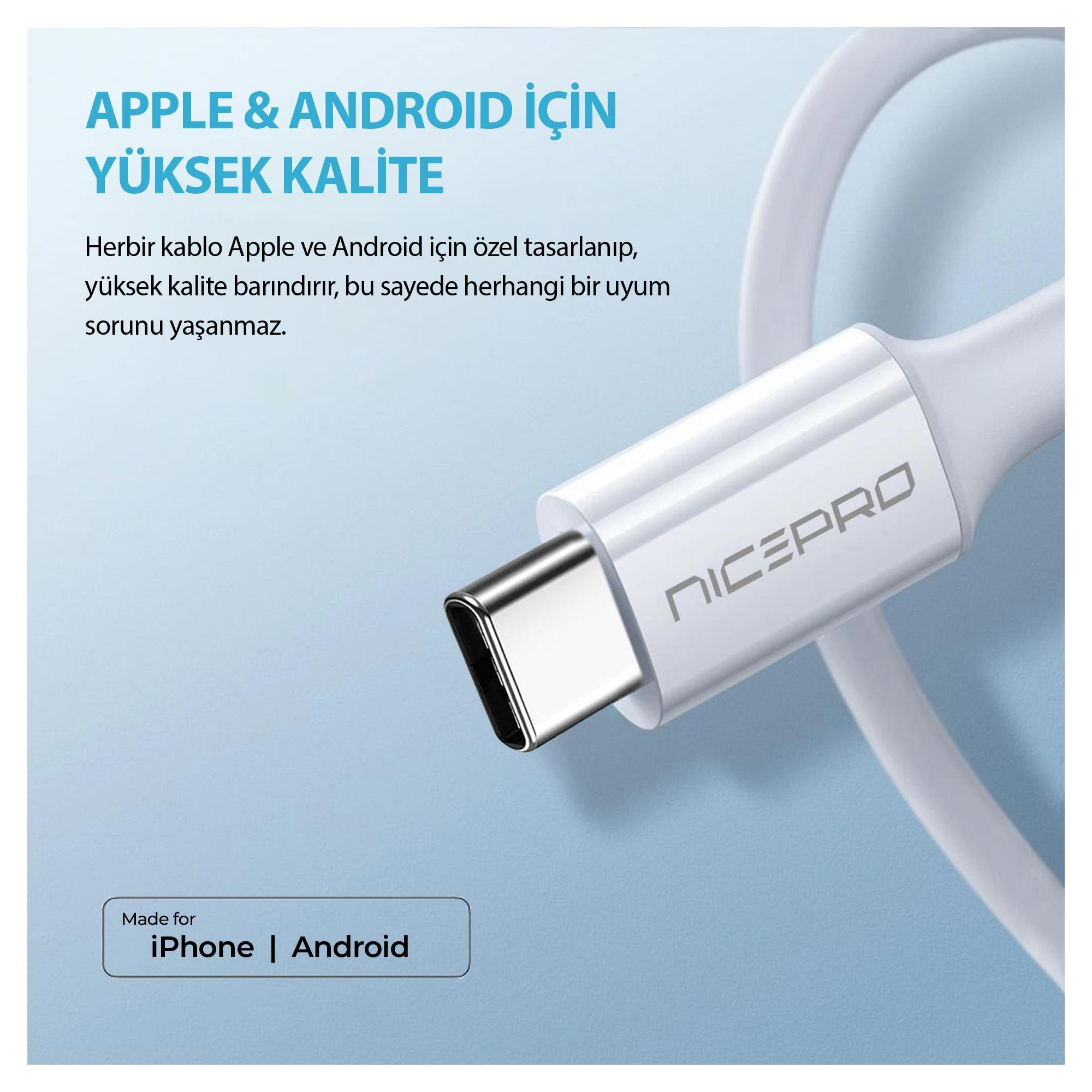 iPhone ve Android için beyaz bir NicePro USB-C kablosu. Metin, kaliteyi ve uyumluluğu vurgular. Mavi arka plan.