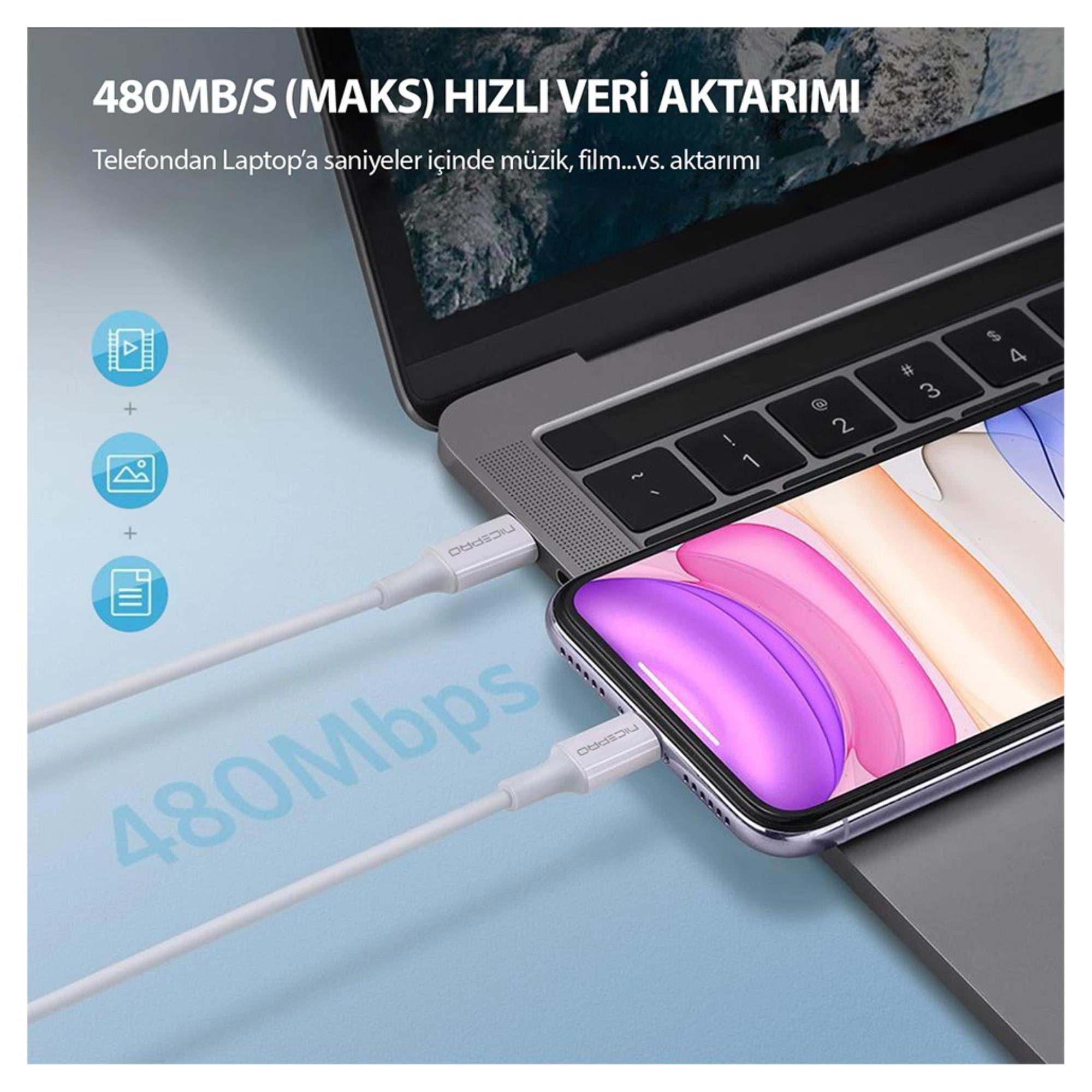 Beyaz kabloyla bir dizüstü bilgisayara bağlı telefon. Metin, 480 Mbps veri aktarım hızını vurgular.