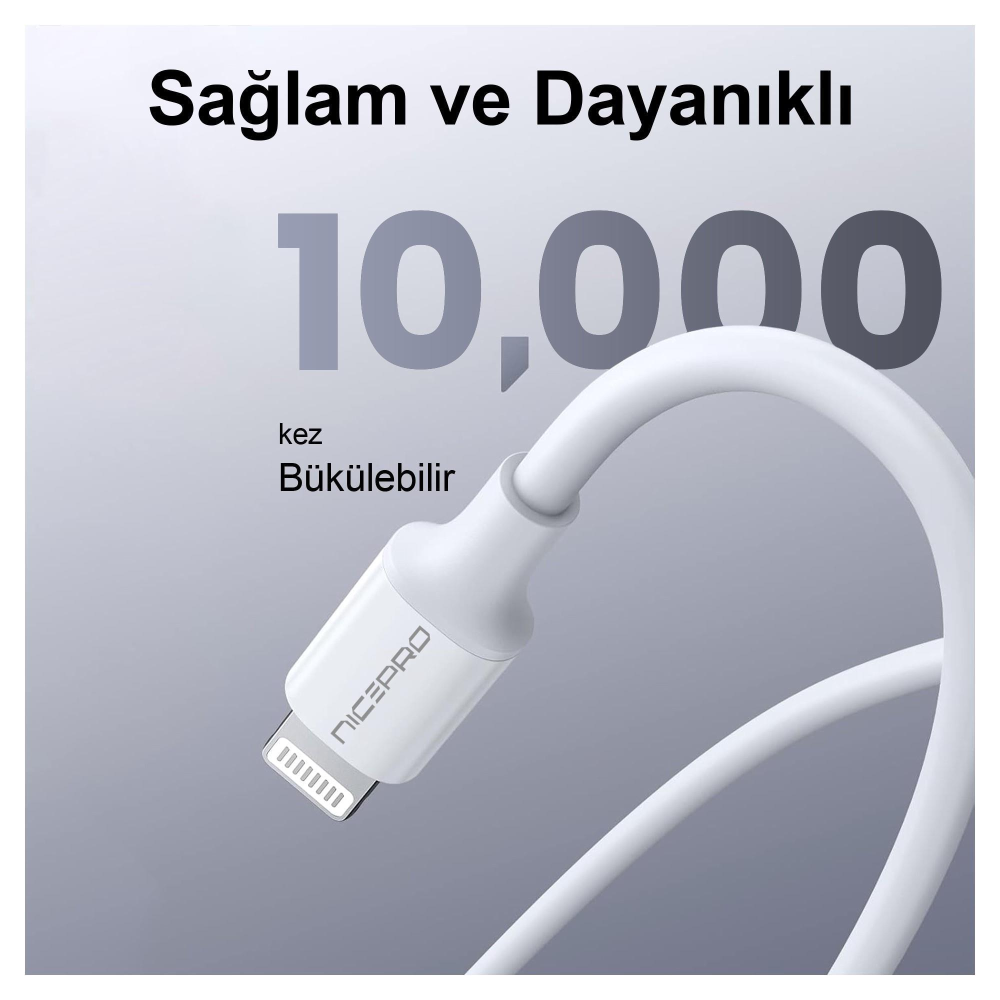 Beyaz bir şarj kablosu, Lightning konektörlü, bükülmüş. Metin: 'Sağlam ve Dayanıklı' ve '10.000 kez bükülebilir'.