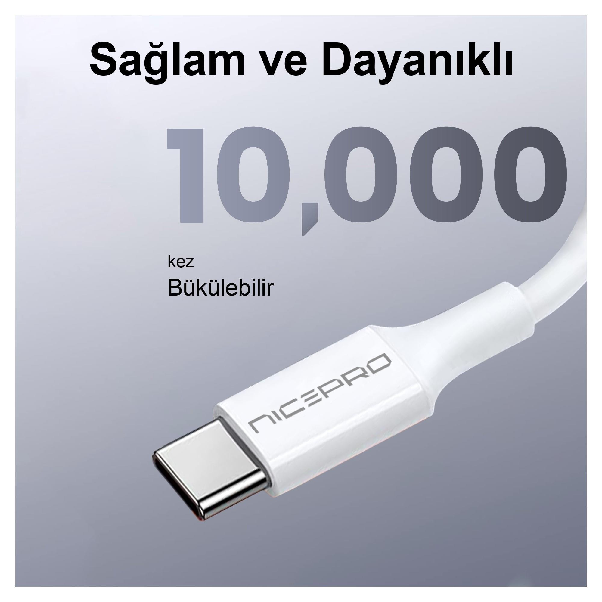 Gümüş renkli konektörlü beyaz USB-C kablosu. Metin: 'Sağlam ve Dayanıklı' ve '10.000 kez Bükülebilir'.