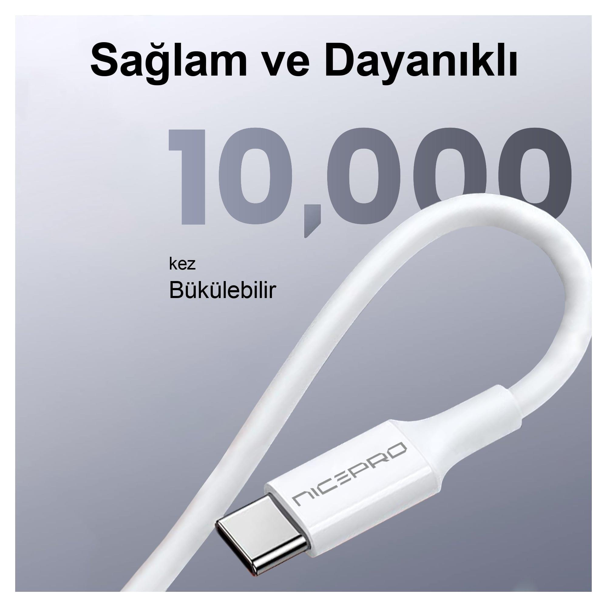 Beyaz USB-C kablosu, 'Sağlam ve Dayanıklı' ve '10,000 kez bükülebilir' yazıları gri arka planda.