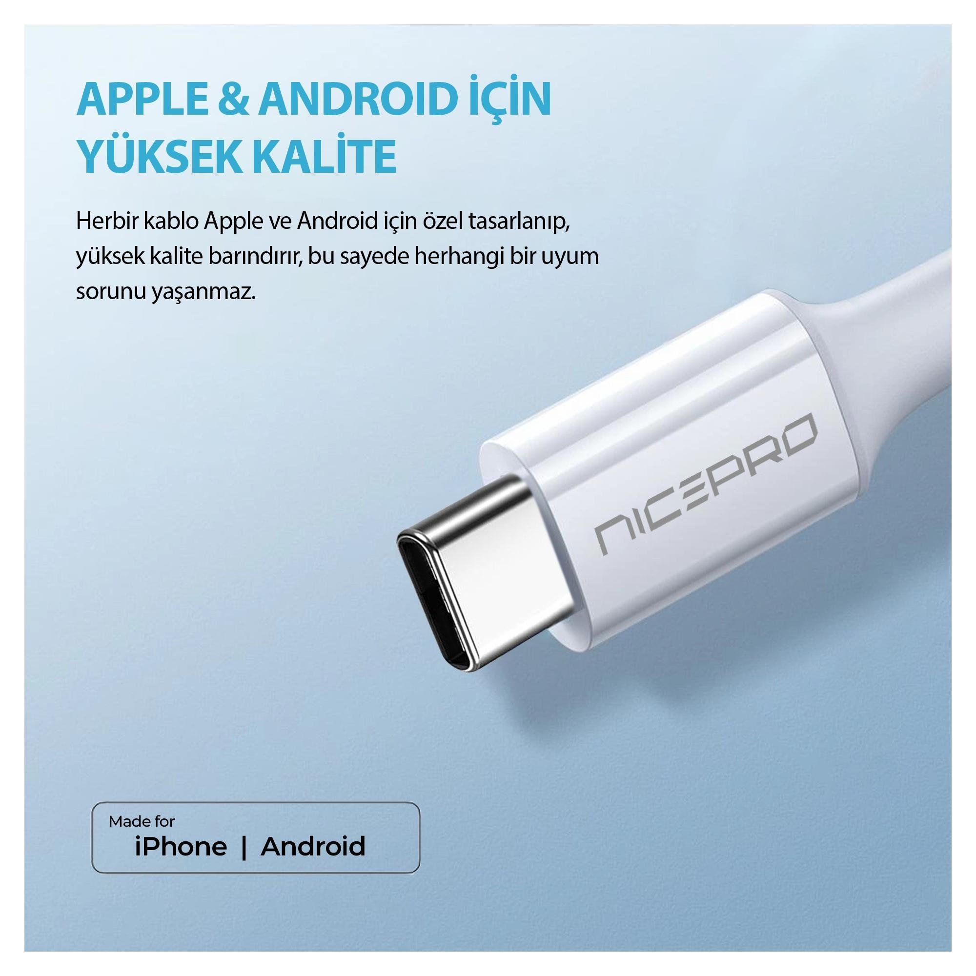 NICEPRO logolu beyaz USB-C kablosu. Arka plan açık mavi. Metin: 'Apple & Android için yüksek kalite'.