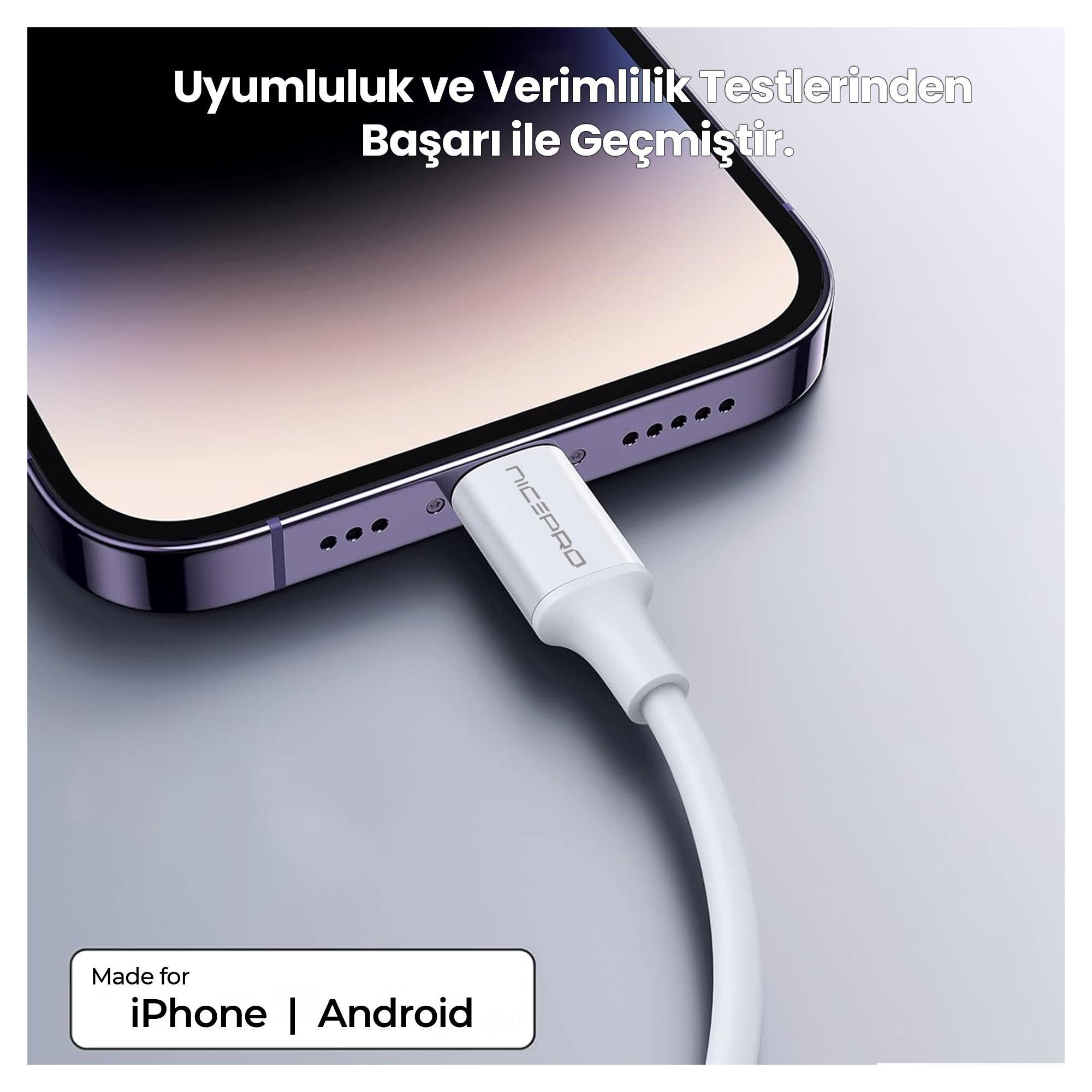 Bir telefona bağlı beyaz bir şarj kablosu. Metin: 'Made for iPhone | Android'.