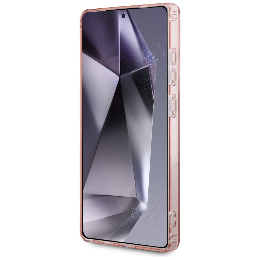Ein Smartphone in einer durchsichtigen rosa Hülle. Der Bildschirm zeigt ein geometrisches Design in Grautönen. Das Telefon befindet sich auf weißem Hintergrund.
