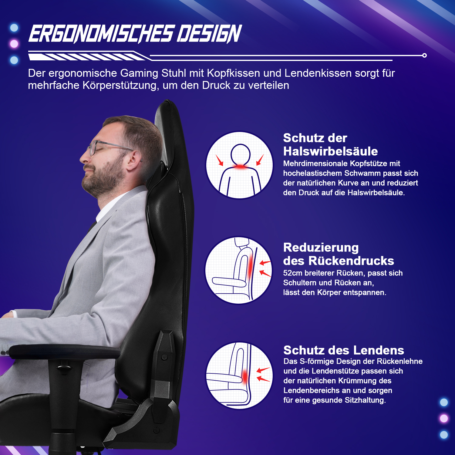 Ein Mann im Anzug sitzt in einem schwarzen ergonomischen Gaming-Stuhl. Text beschreibt Merkmale wie Kopf- und Lendenwirbelstütze.