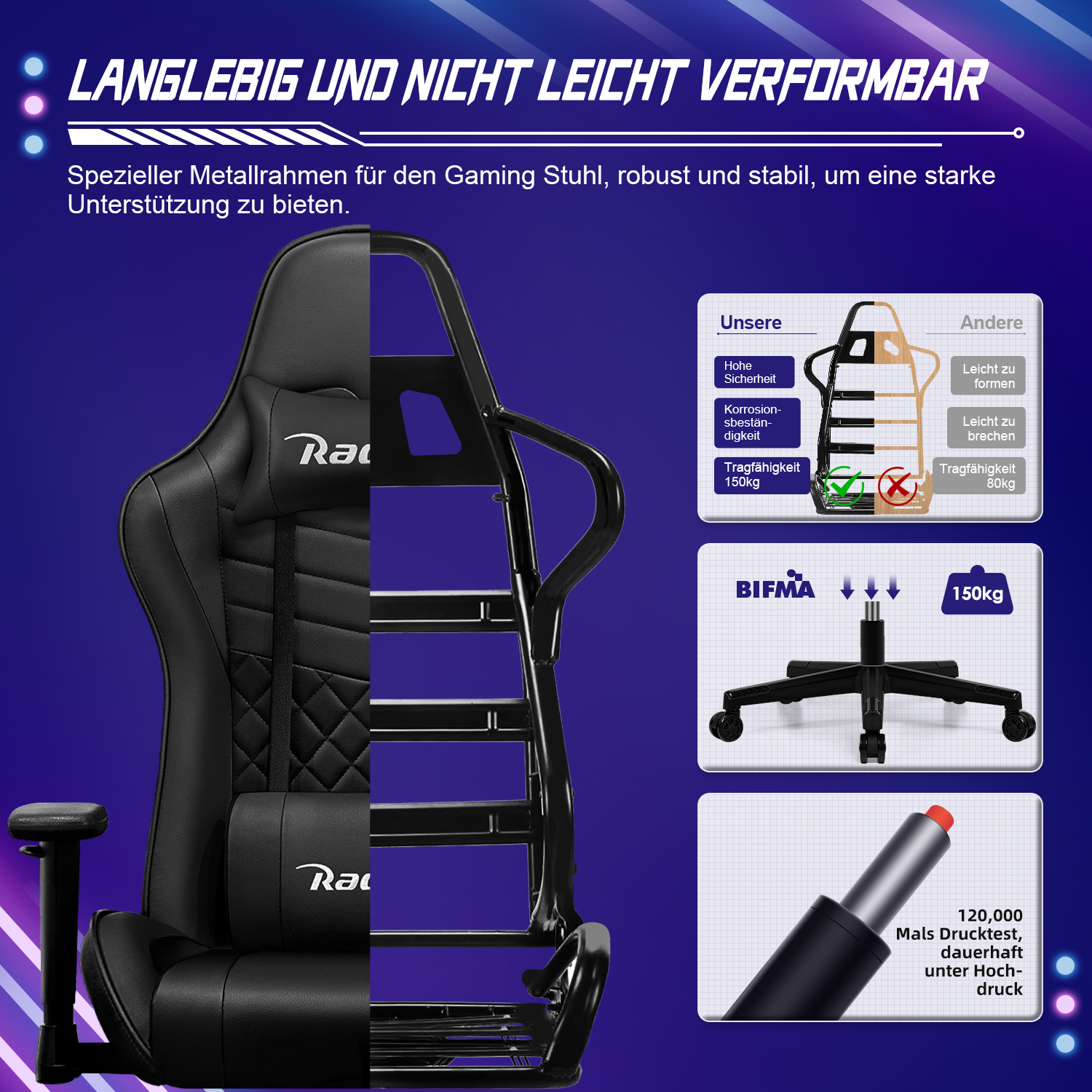 Schwarzer Gaming-Stuhl mit Metallrahmen. Er hat eine Kopfstütze, Lendenwirbelstütze und Armlehnen. Der Stuhl ist haltbar und trägt 150 kg.