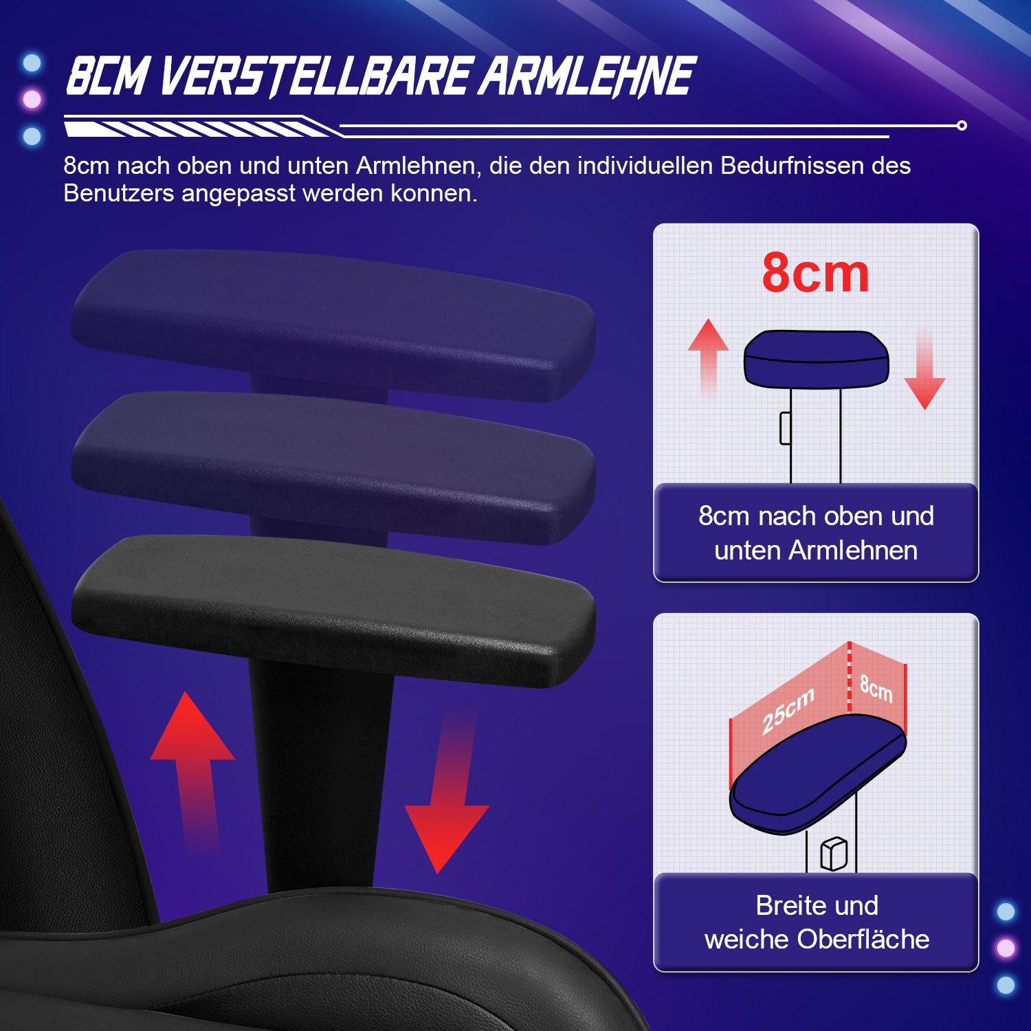 Das Bild zeigt verstellbare Armlehnen. Pfeile zeigen die Auf- und Abbewegung mit Abmessungen. Text beschreibt die Verstellbarkeit.