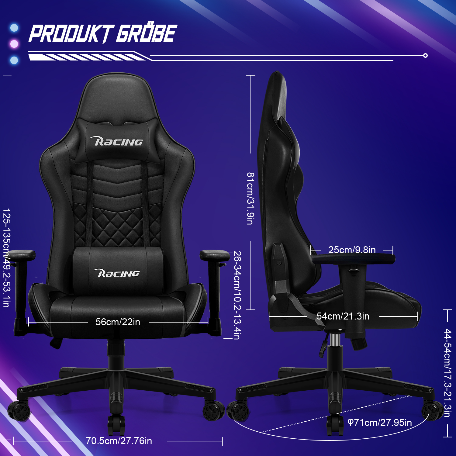 Ein schwarzer Gaming-Stuhl mit Maßen und dem Text 'Produkt Größe'. Der Stuhl hat das 'Racing'-Logo.