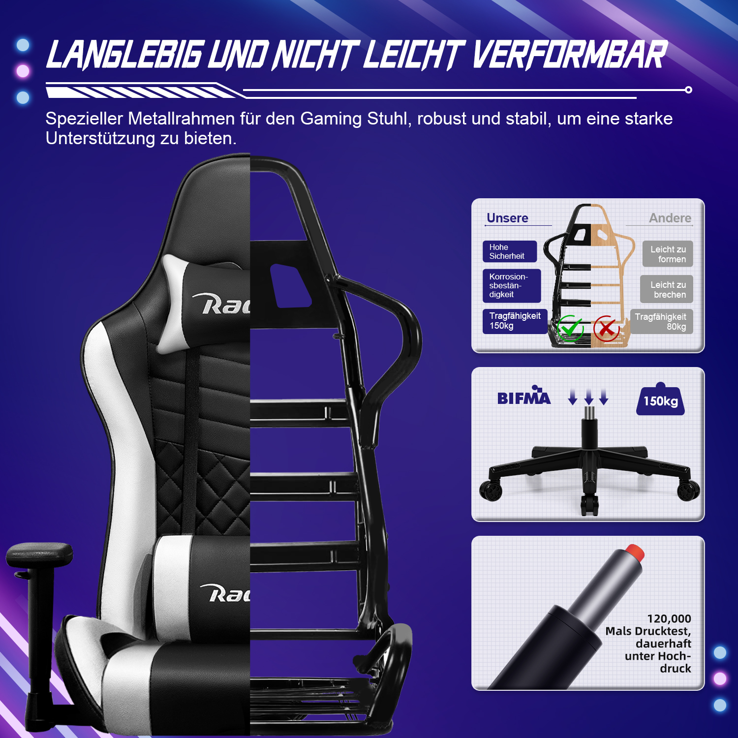 Gaming-Stuhl mit schwarz-weißem Design. Zeigt Stabilität und Stärke. Merkmale sind Metallrahmen und eine Tragfähigkeit bis zu 150 kg.