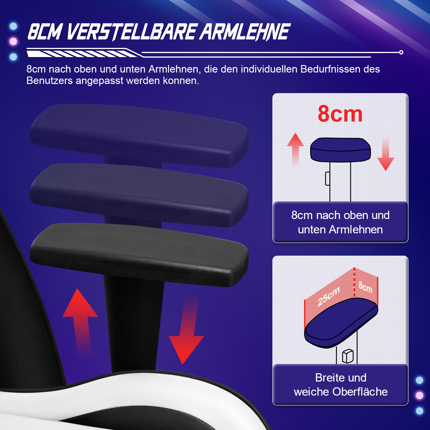 Das Bild zeigt verstellbare Armlehnen. Der Text beschreibt die 8cm Auf- und Abwärtsverstellung. Diagramme zeigen die Abmessungen.