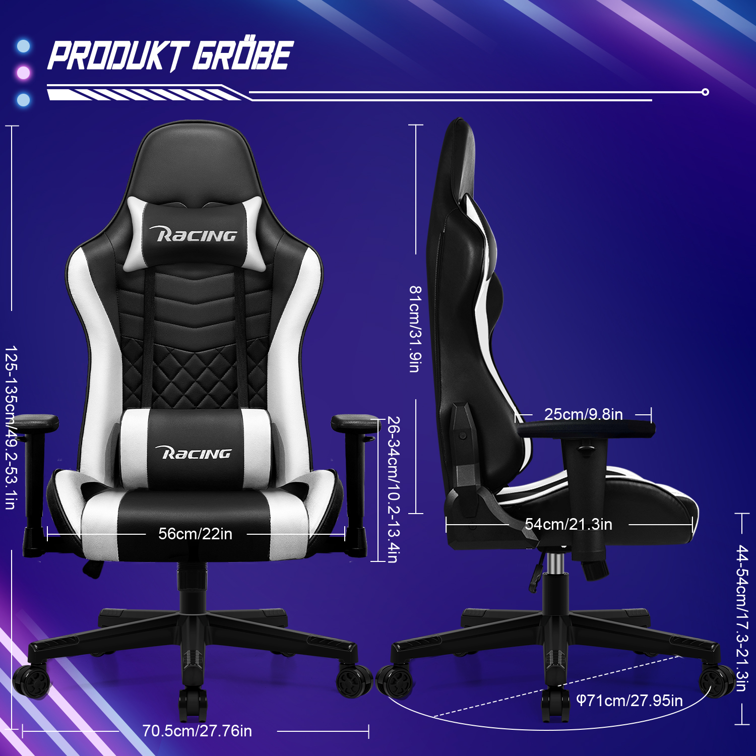 Ein Gaming-Stuhl mit schwarz-weißem Design wird aus zwei Blickwinkeln mit Größenangaben dargestellt. Der Stuhl hat das Logo "Racing".